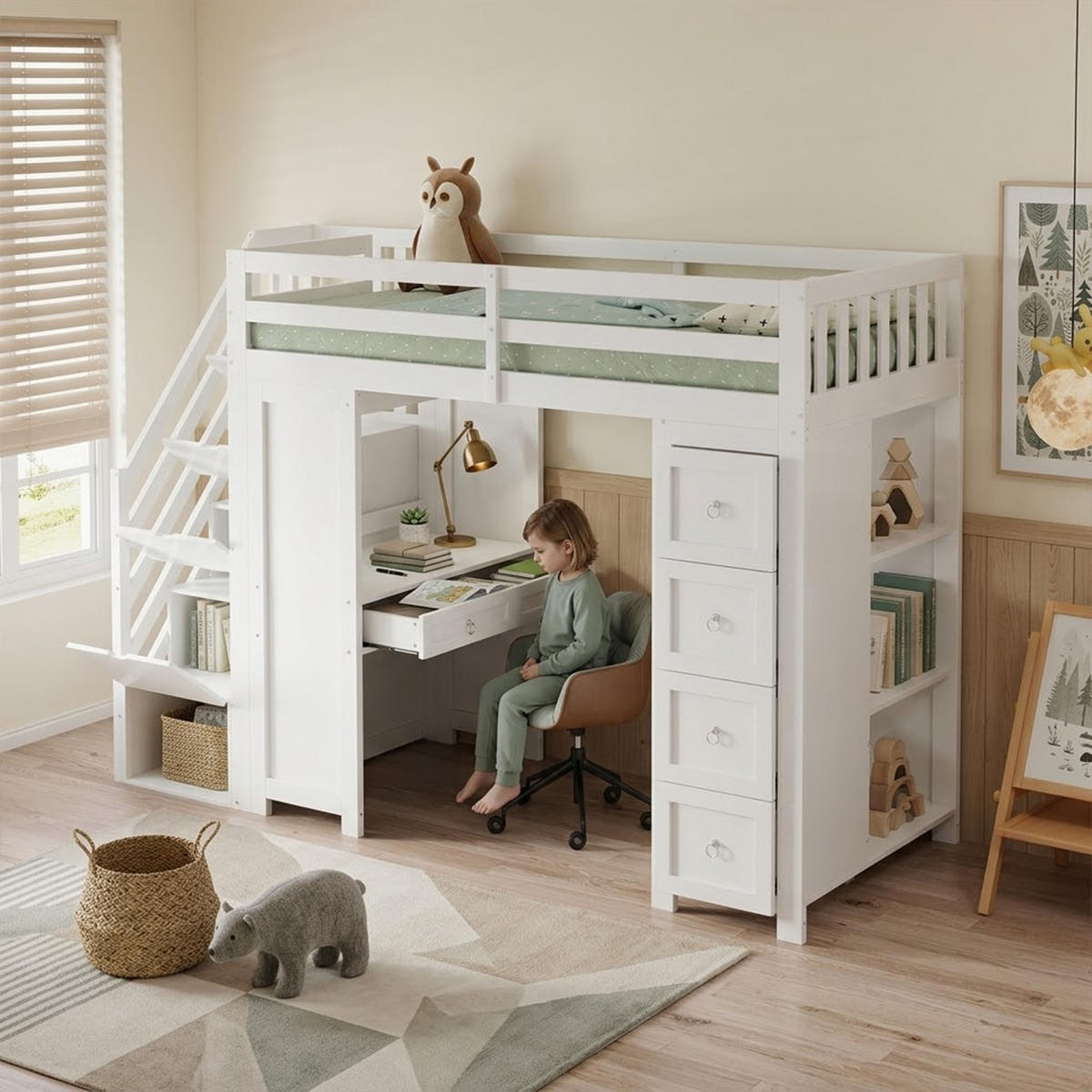 HOCHBETT 90/200 cm in Weiß mit Schubladen, Regal und Schreibtisch - Weiß, Holzwerkstoff (90/200cm) - STILVORA