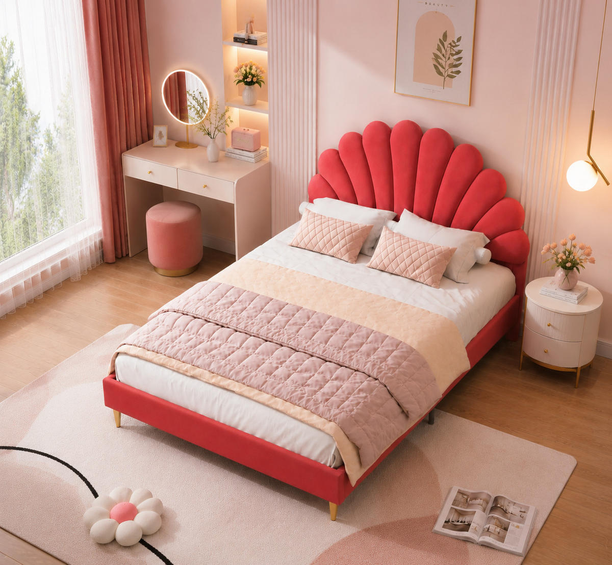 POLSTERBETT 140/200 Bordeaux Muschelkopfteil Doppelbett Jugendbett - Bordeaux, Holz/Metall (140/200cm) - Joyfair