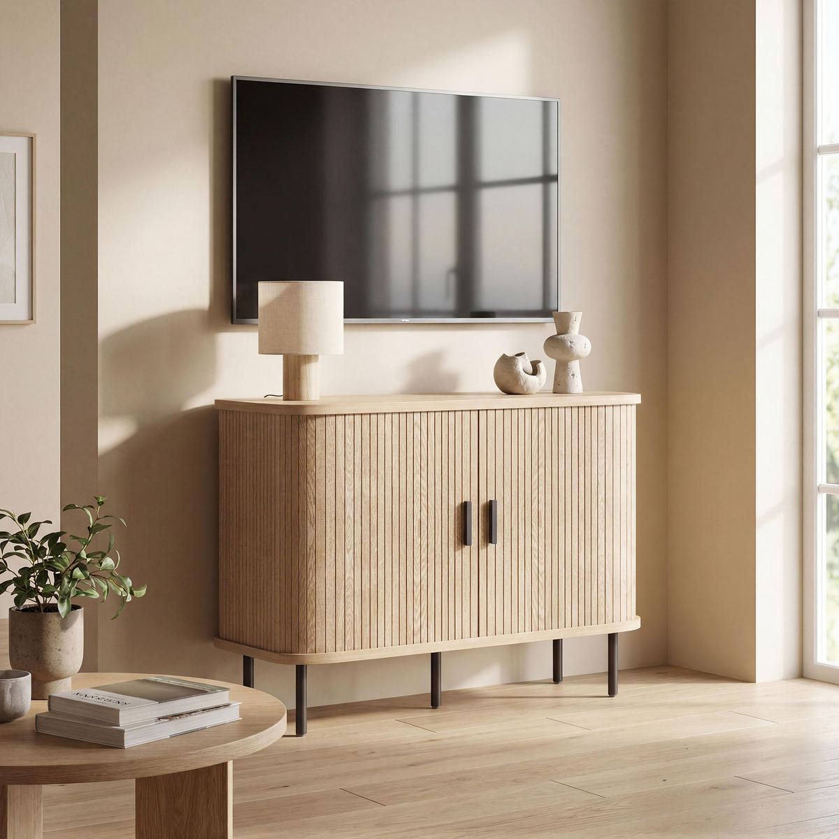 SIDEBOARD DE-11306 2 Schiebetüren Eiche/Schwarz - Eichefarben, Holzwerkstoff (100/75/40cm) - ComfortXL