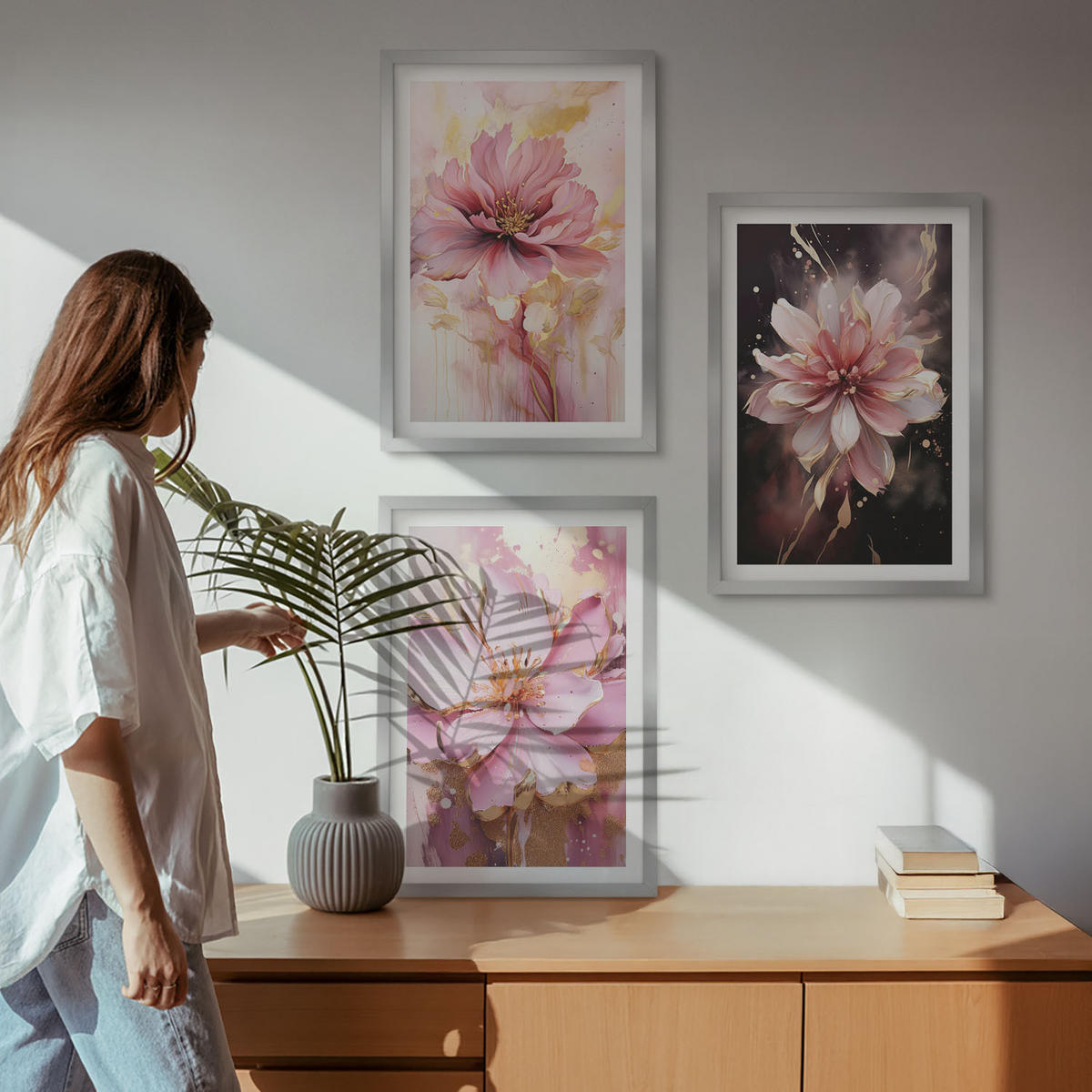 WANDBILDER 3er Set - 40x60 cm Silberner Rahmen - Blumenkompositionen aus Rosen und Weiß - Silberfarben, Kunststoff (40/60cm) - ArtPrintCave