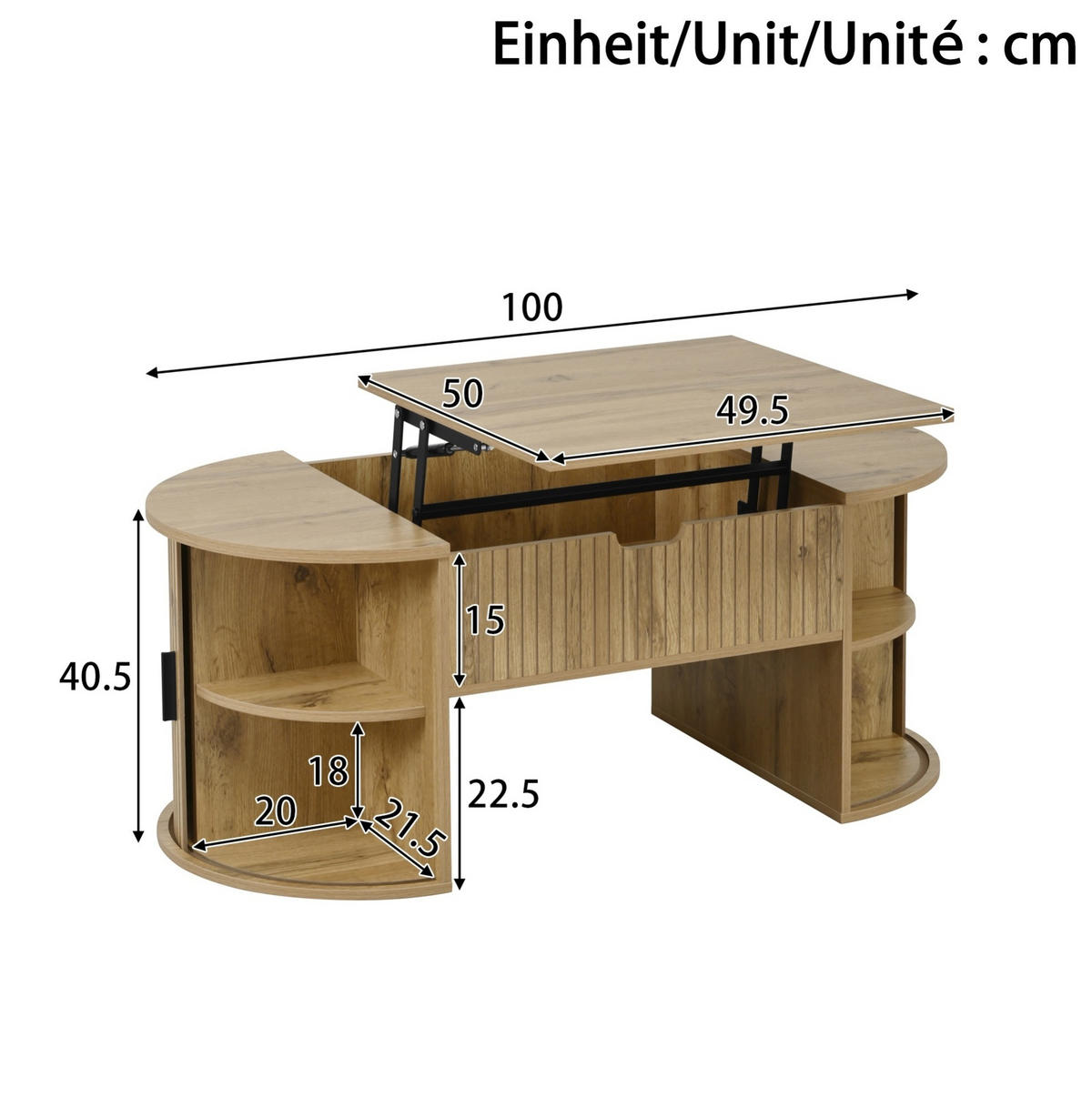 KONFERENČNÍ stolek z MDF 100x40,5x50 cm dubový s výškově nastavitelnou deskou, posuvnými dveřmi a úložným prostorem - barva dubu, kompozitní dřevo (100/50/40.5cm) - Modfu