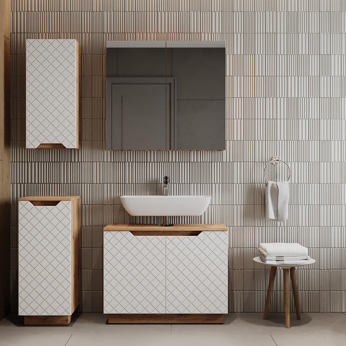 BADMÖBEL-SET Lotta Eiche/Weiß mit Kachelstruktur 4 Teile - Eichefarben/Weiß, Holzwerkstoff (79.6/62.1/32cm) - Vicco