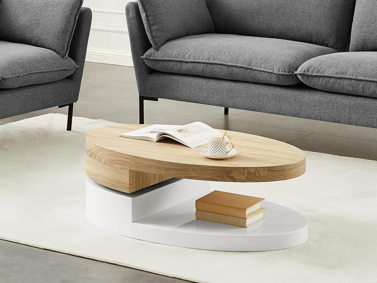 COUCHTISCH mit drehbarer Tischplatte - MDF - Naturfarben & Weiß - VITALY - Naturfarben, Holz (100/60/33cm) - Vente-Unique