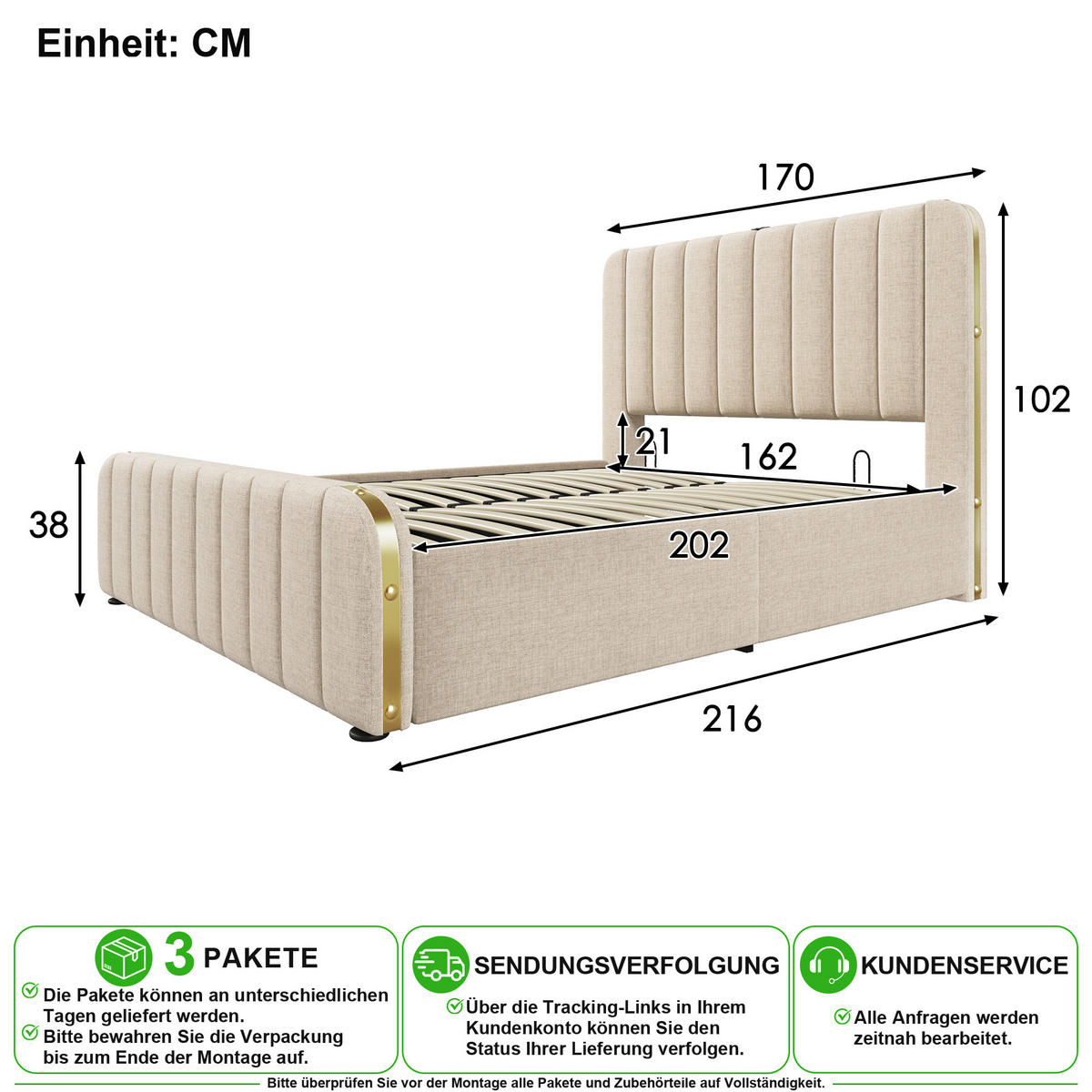 ČALOUNĚNÁ POSTEL 160/200 cm v béžové barvě s úložným prostorem, USB a Type-C - béžová, kov/kompozitní dřevo (160/200cm) - CHICFURN