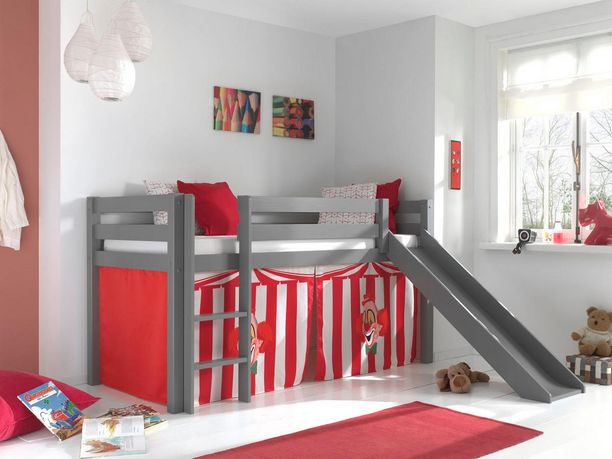 HOCHBETT mit Rutsche Karolina Massivholz Grau Textilset Zirkus - Rot/Grau, Holz (90/200cm) - 58aufmkessel