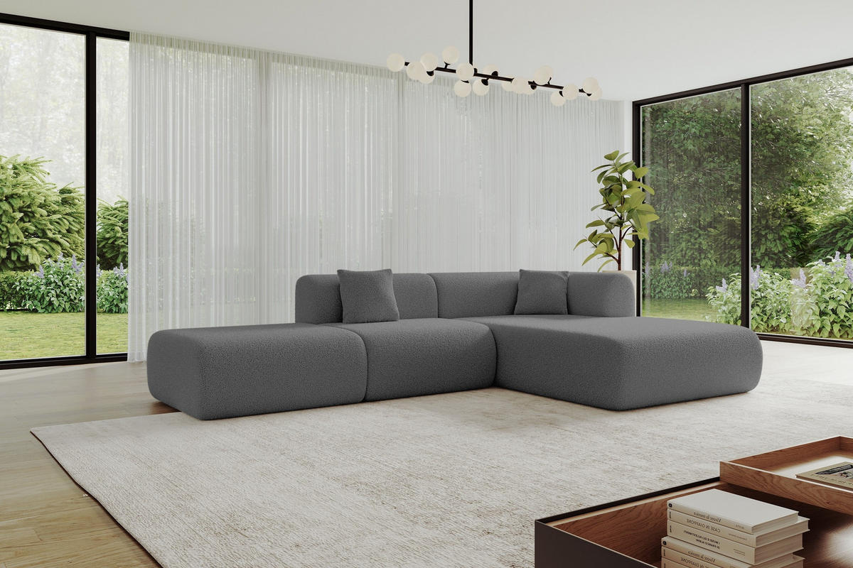 ECKSOFA Ottomane Rechts OVLY-L 289x176x71 Grau Bouclé - Schieferfarben/Schwarz, Holzwerkstoff/Kunststoff (289/176cm) - ALTDECOR