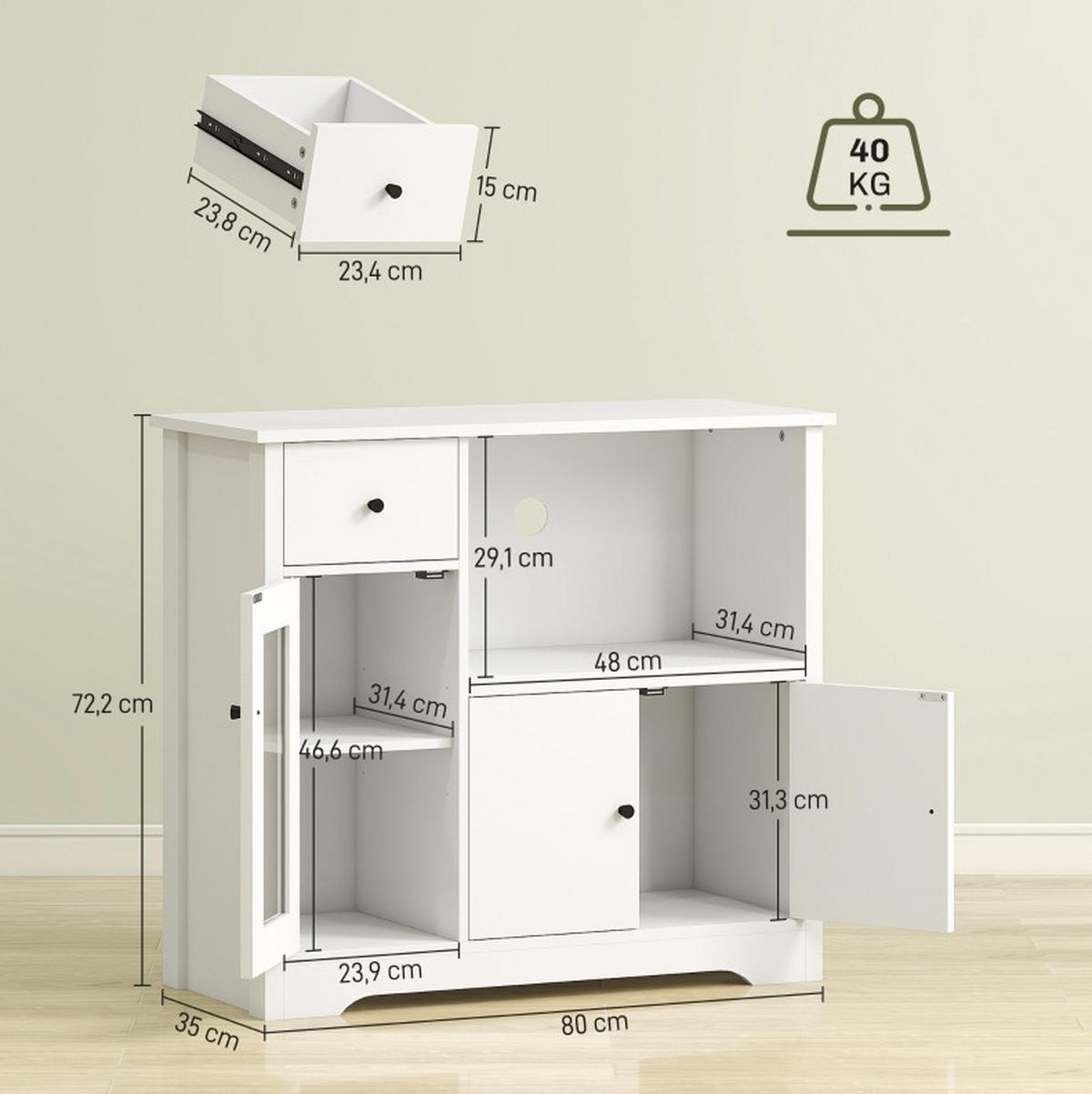 BUFFETSCHRANK 35/80/72,2 cm mit Mikrowellenfach, Schublade und verstellbaren Ablagen, Weiß - Weiß, Holz (80/72.2/35cm) - Redom