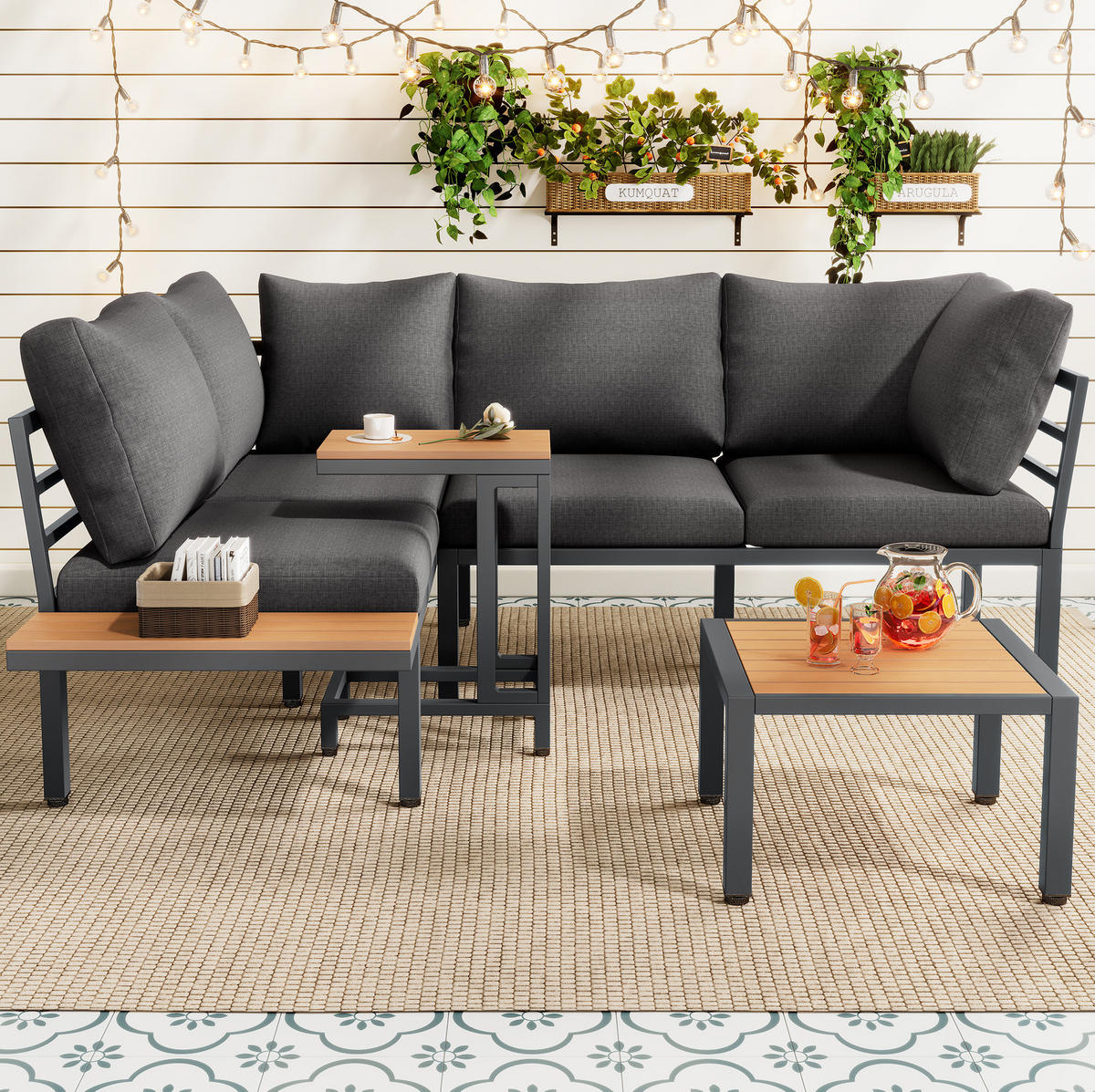 LOUNGEGARNITUR 190/143/65 cm grau/schwarz aus Stahl und Polyester mit Ottoman-Funktion - Grau, Metall - OKWISH