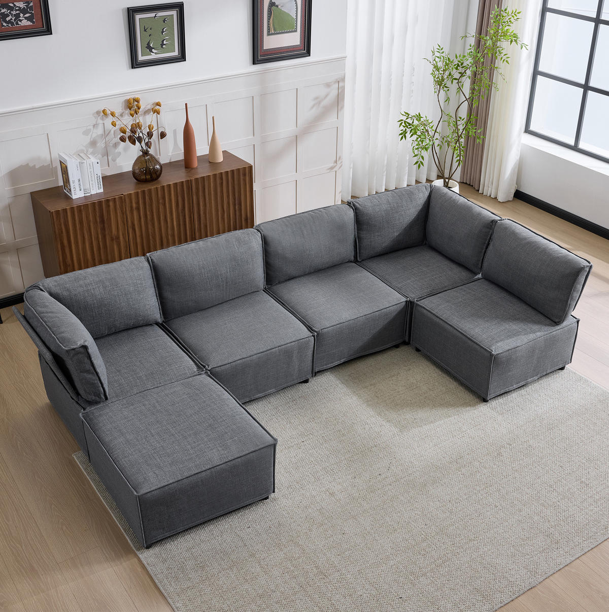 ECKSOFA 308/152/77 cm dunkelgrau aus Stoff und Sperrholz, zum Gästebett umbaubar - Dunkelgrau, Textil (152/308cm) - OKWISH