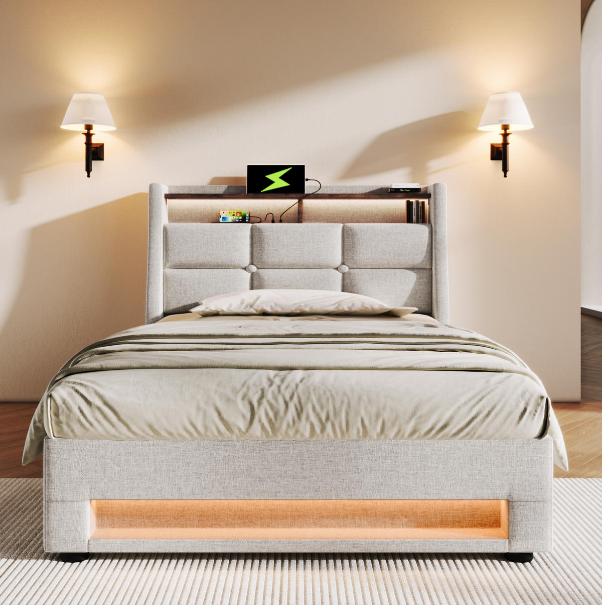 POLSTERBETT mit Stauraum, USB und LED 90x200 cm Beige - Beige, Metall (90/200cm) - Meubliv