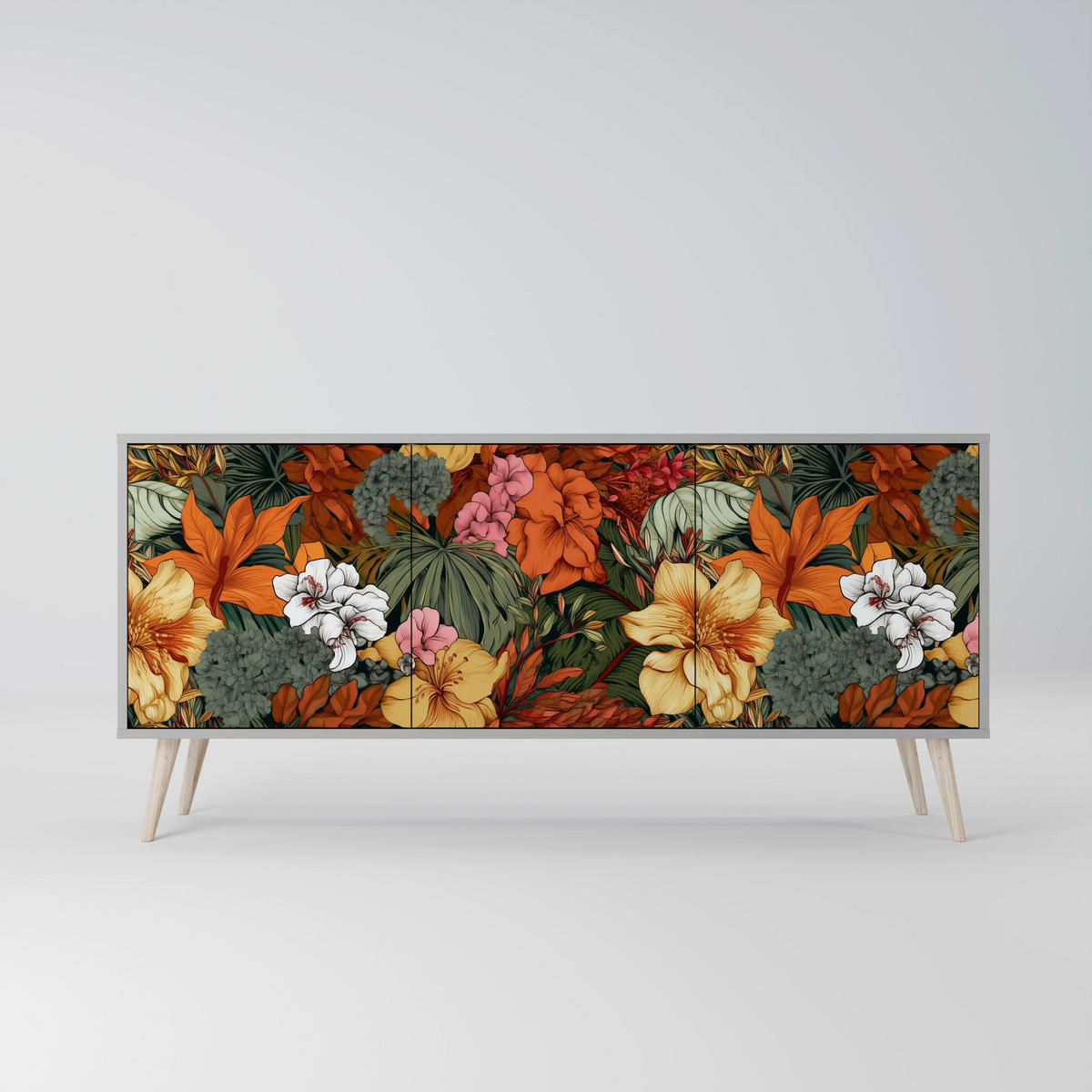 SIDEBOARD RADIANT FLORA, Eicheneffekt, 164,5x42x77,5 cm, 3 Türen - Eichefarben/Buchefarben, Holzwerkstoff/Buchenholz (164.5/77.5/42cm) - SpaceRebels