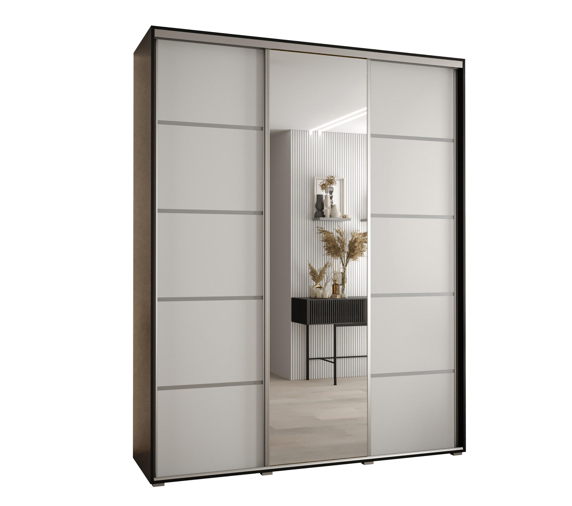 Abiks Möbel SCHWEBETÜRENSCHRANK Schwarz, Weiß, Silber 190cm × 60cm × 235cm