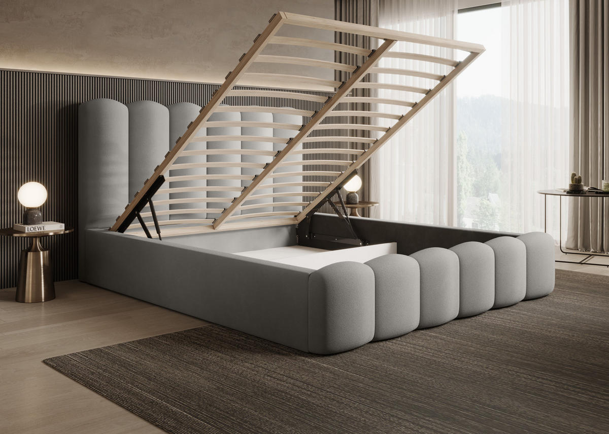 POLSTERBETT Komfortables Polsterbett Mona V 160x200 cm – Bett mit Stauraum & Halbwalzen-Design, Esche - Eschefarben/Schwarz, Holzwerkstoff/Kunststoff (160/200cm) - DomoHome