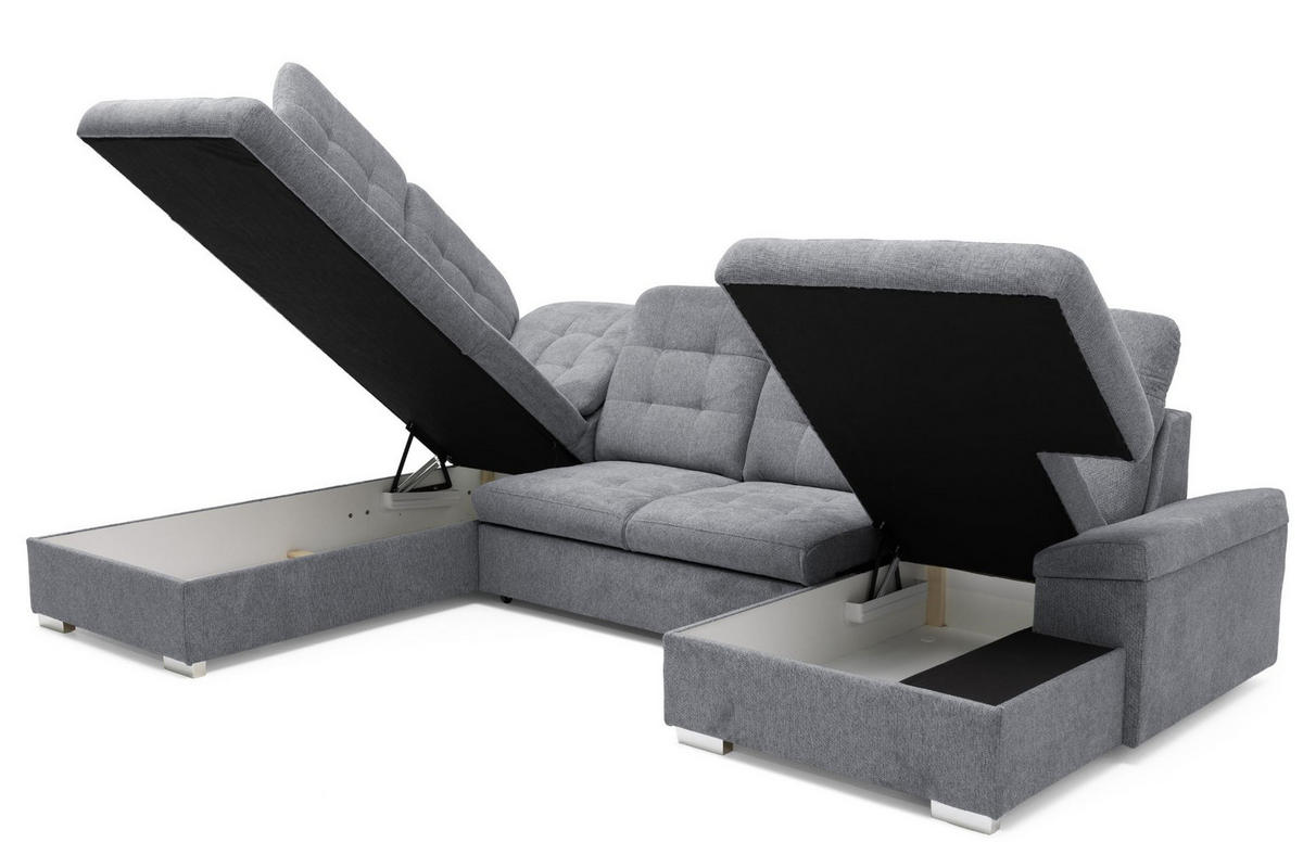 ECKSOFA U-Form OLIVIA U Links mit Schlaffunktion 124x257 Velours Grau - Silberfarben/Grau, Holz/Kunststoff (320/103/202cm) - Muffo