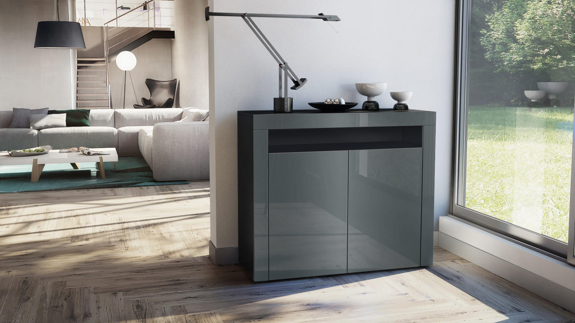 KOMMODE Valencia Grau Hochglanz / Grau Hochglanz - Grau, Holzwerkstoff (108/92/40cm) - Vladon
