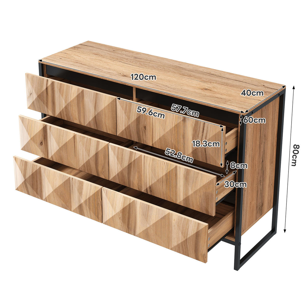 SIDEBOARD 120/40/80 cm in Schwarz/Natur mit 6 Schubladen und Metallgestell - Naturfarben, Holzwerkstoff (120/80/40cm) - Flora Grace