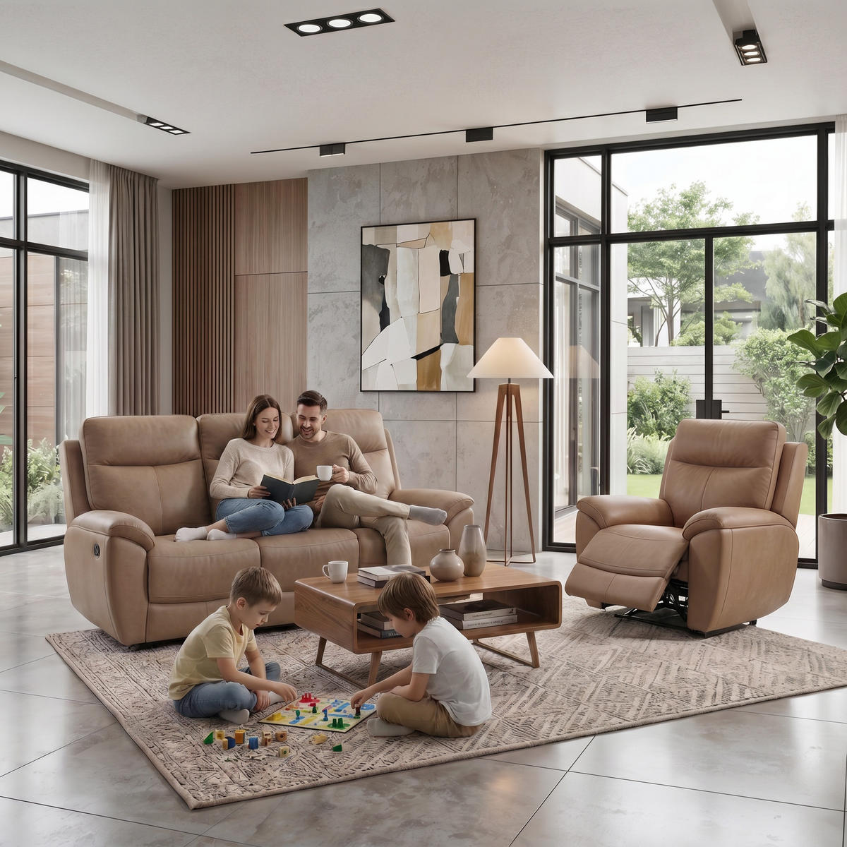 SITZGARNITUR Dolce, Sofa+Sessel mit Relaxfunktion, Sandfarben, Velours - Braun, Textil (215/106/100cm) - Beautysofa