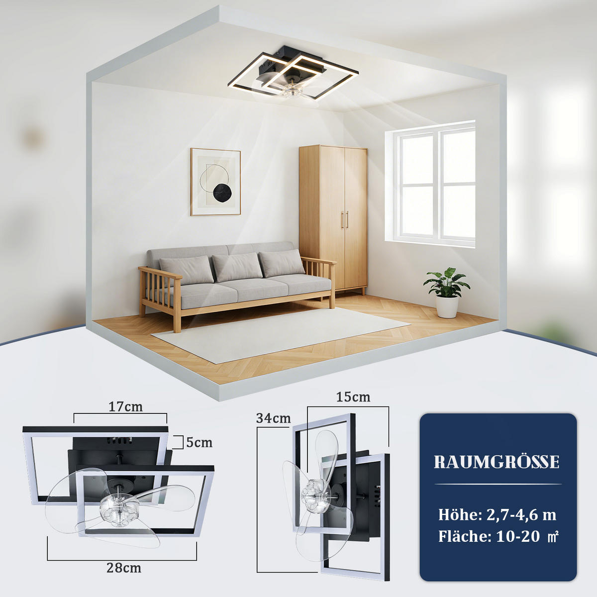 LED DECKENVENTILATOR Relven 34/34/15 cm - Schwarz, Kunststoff/Metall (34/34/15cm) - ZMH
