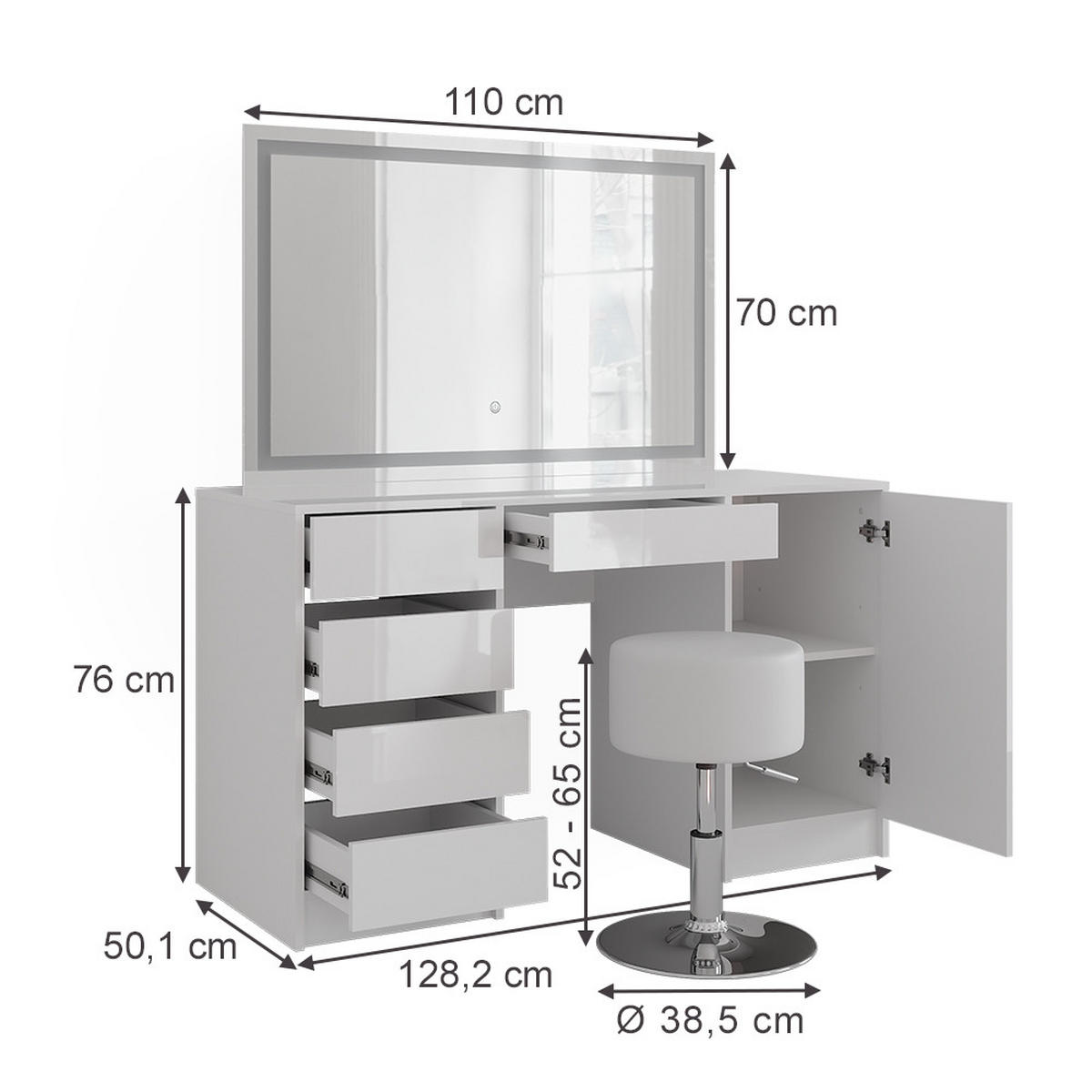 SCHMINKTISCH Sherry Weiß/Weiß Hochglanz 128.2 cm mit LED-Spiegel und Hocker - Weiß Hochglanz, Holzwerkstoff (128.2/76/50.1cm) - Vicco
