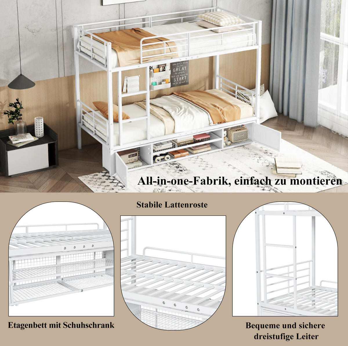 ETAGENBETT 90/200 cm in Weiß mit Schuhablage und Fallschutz - Weiß, Metall (90/200cm) - OKMYHOME