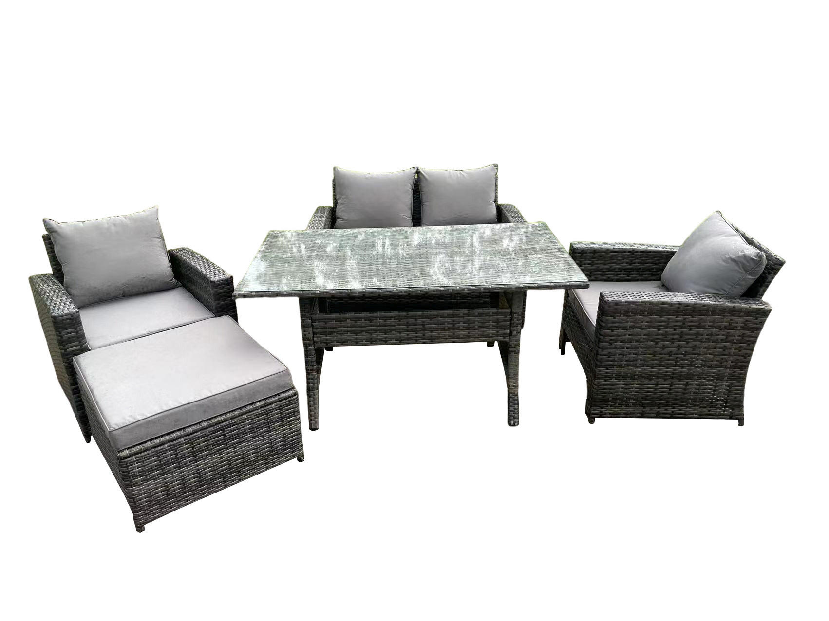 GARTENMÖBELGARNITUR Polyrattan Dunkelgrau 5-Sitzer - Dunkelgrau/Grau, Glas/Kunststoff - Fimous