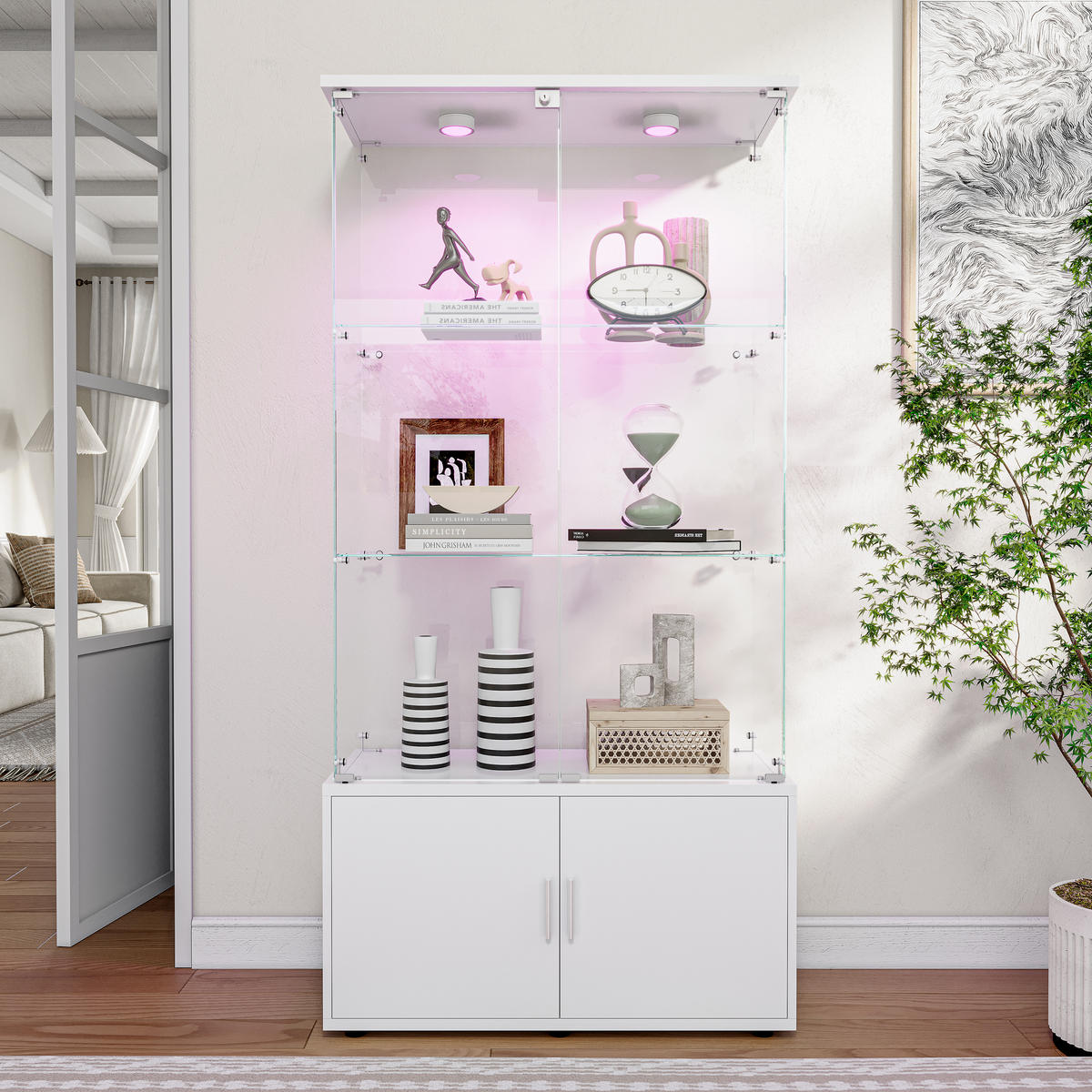 VITRINE 3 Einlegeböden, LED, Stauraum, modern, weiß, Glas & Metall, ideal für Wohnzimmer/Büro - Weiß, Glas (78.51/164/35cm) - EuroLiving