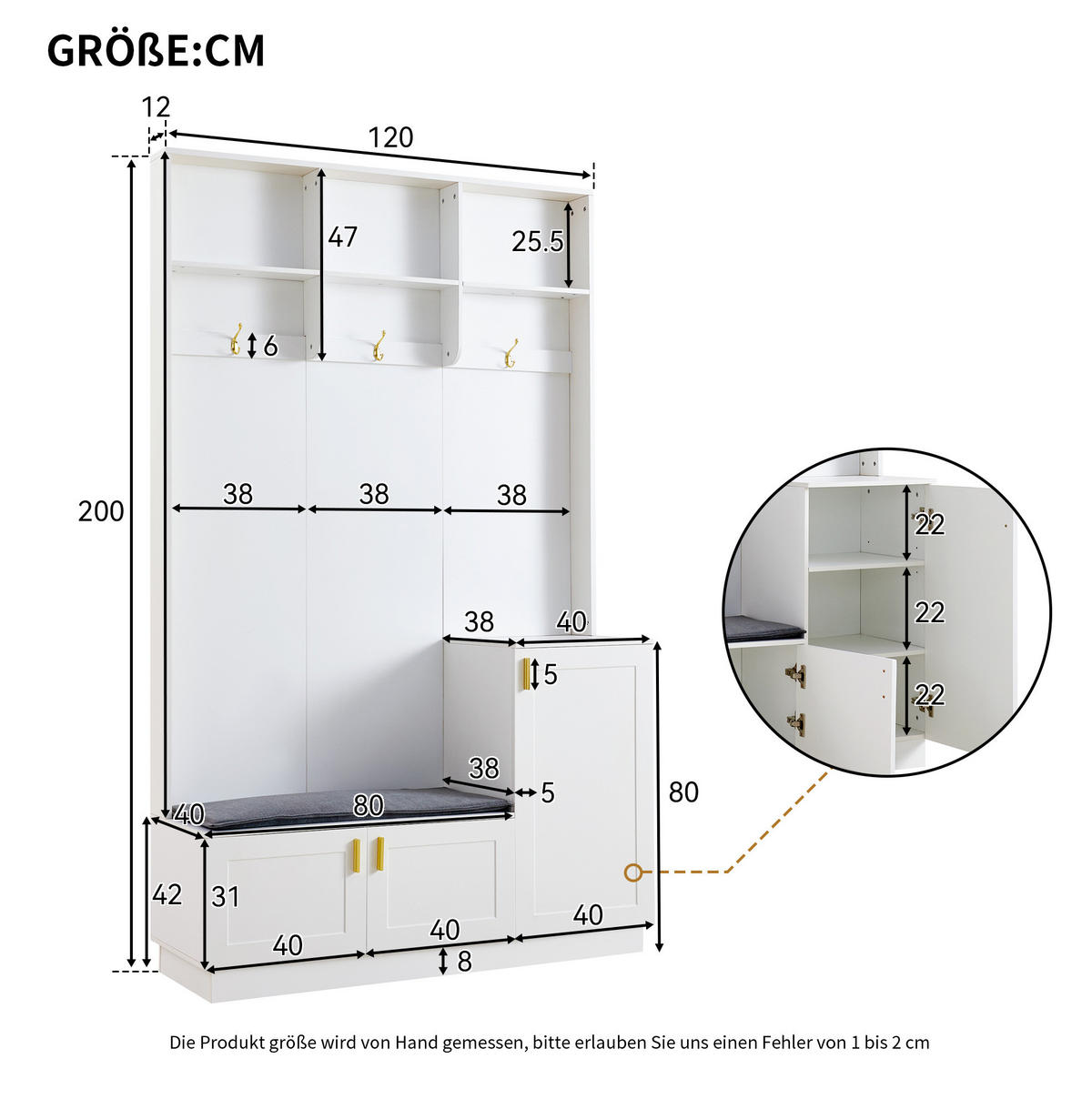 GARDEROBE 120/200/40 cm Weiß aus Spanplatte mit Schuhbank - Weiß, Holzwerkstoff (40/200/120cm) - OKMYHOME