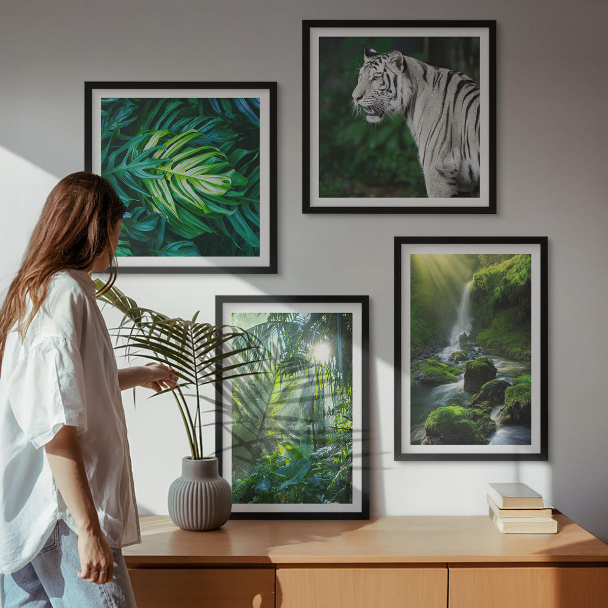 BILDER SET 4er Set - 50x50 cm & 40x60 cm Schwarzer Rahmen - Dschungel-Weißtiger-Wasserfall - Schwarz, Kunststoff (50/50cm) - TULUP