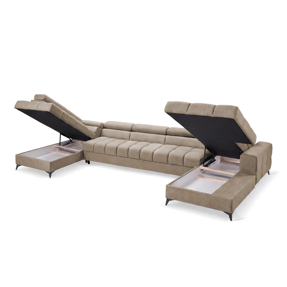 ECKSOFA PUDDING MAXI U Links mit Schlaffunktion 125x330 Velours Beige - Beige/Schwarz, Holz/Textil (203/421cm) - Muffo