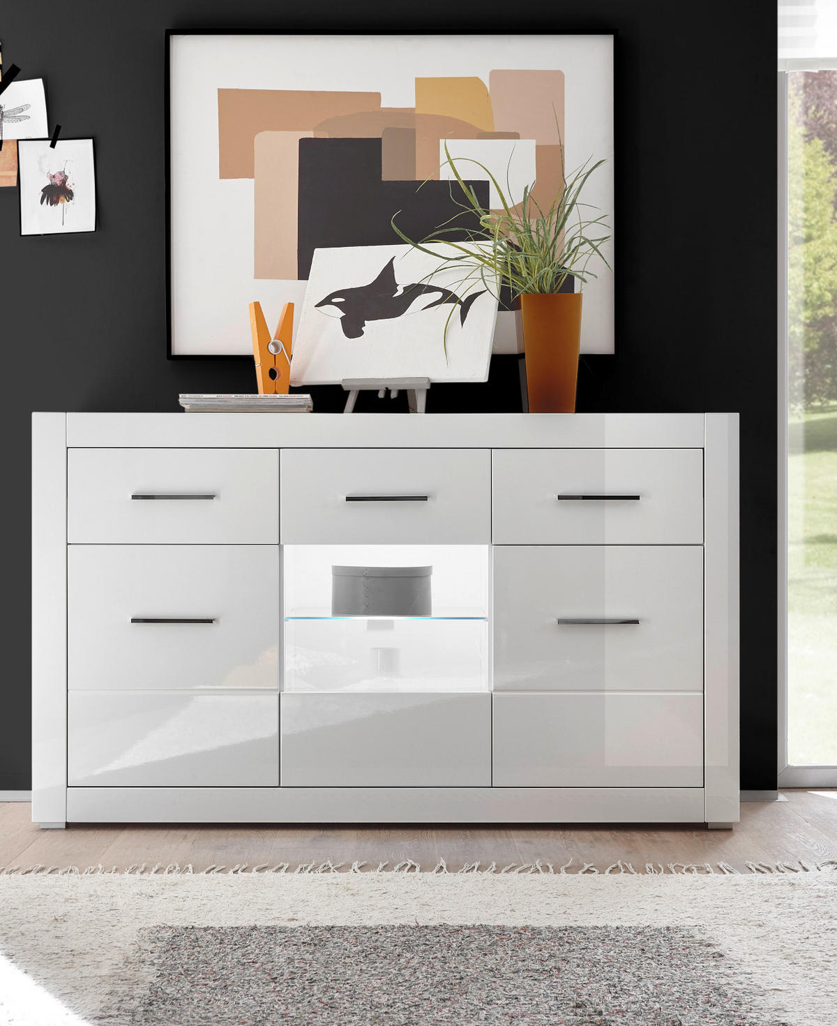SIDEBOARD weiß Hochglanz 164 cm, Kommode mit 6 Fächern - Chromfarben/Weiß Hochglanz, Glas/Holzwerkstoff (164/97/42cm) - Furn.Design