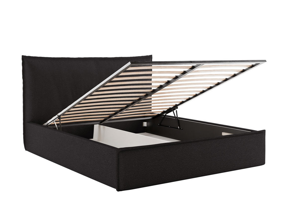 POLSTERBETT LUNA 140x200 cm mit Bettkasten, Stauraum und Metall-Lattenrost – Bouclé Stoff Schwarz - Schwarz, Textil/Metall (140/200cm) - Luxkor24