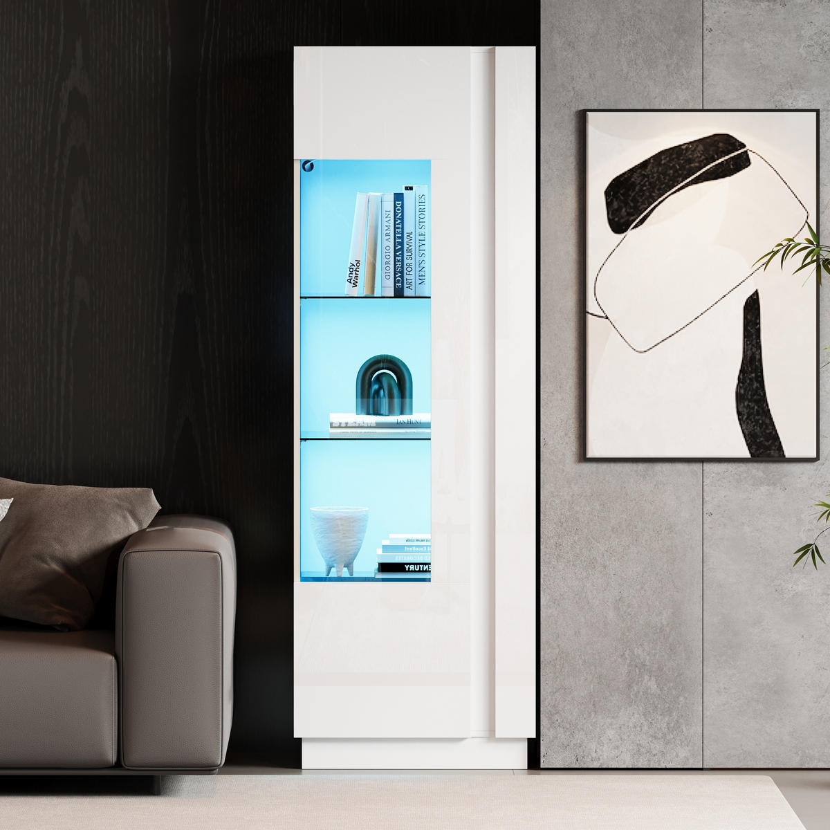 VITRINE in Weiß Standvitrine mit Stauraum und LED-Beleuchtung für Wohnzimmer, B60/T40/H180cm - Weiß, Glas/Holzwerkstoff (60/180/40cm) - STILVORA
