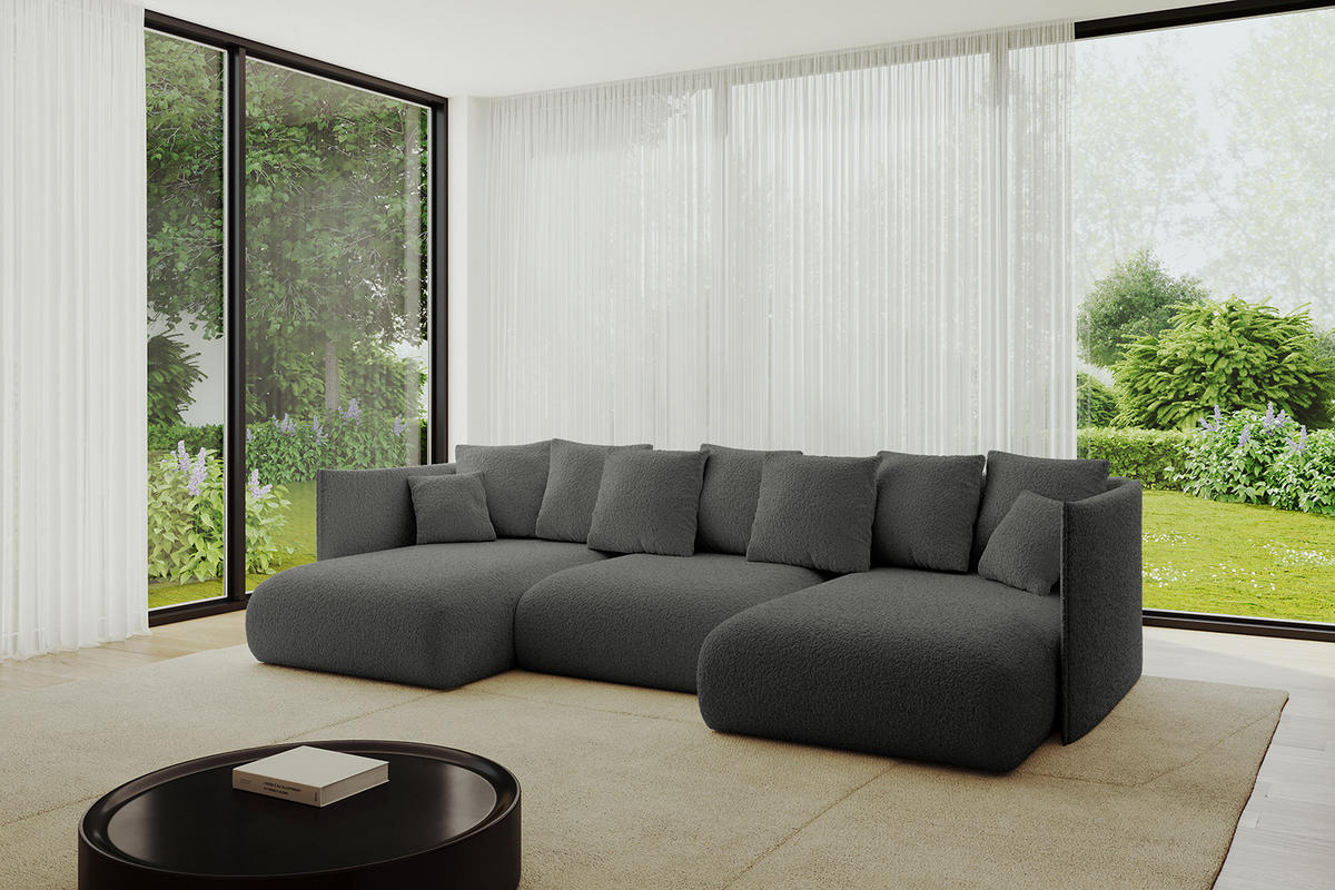 WOHNLANDSCHAFT mit Schlaffunktion und Bettkasten ONESK-U 304x165x40 Grau Bouclé - Grau, Holzwerkstoff/Kunststoff (304/90/165cm) - ALTDECOR
