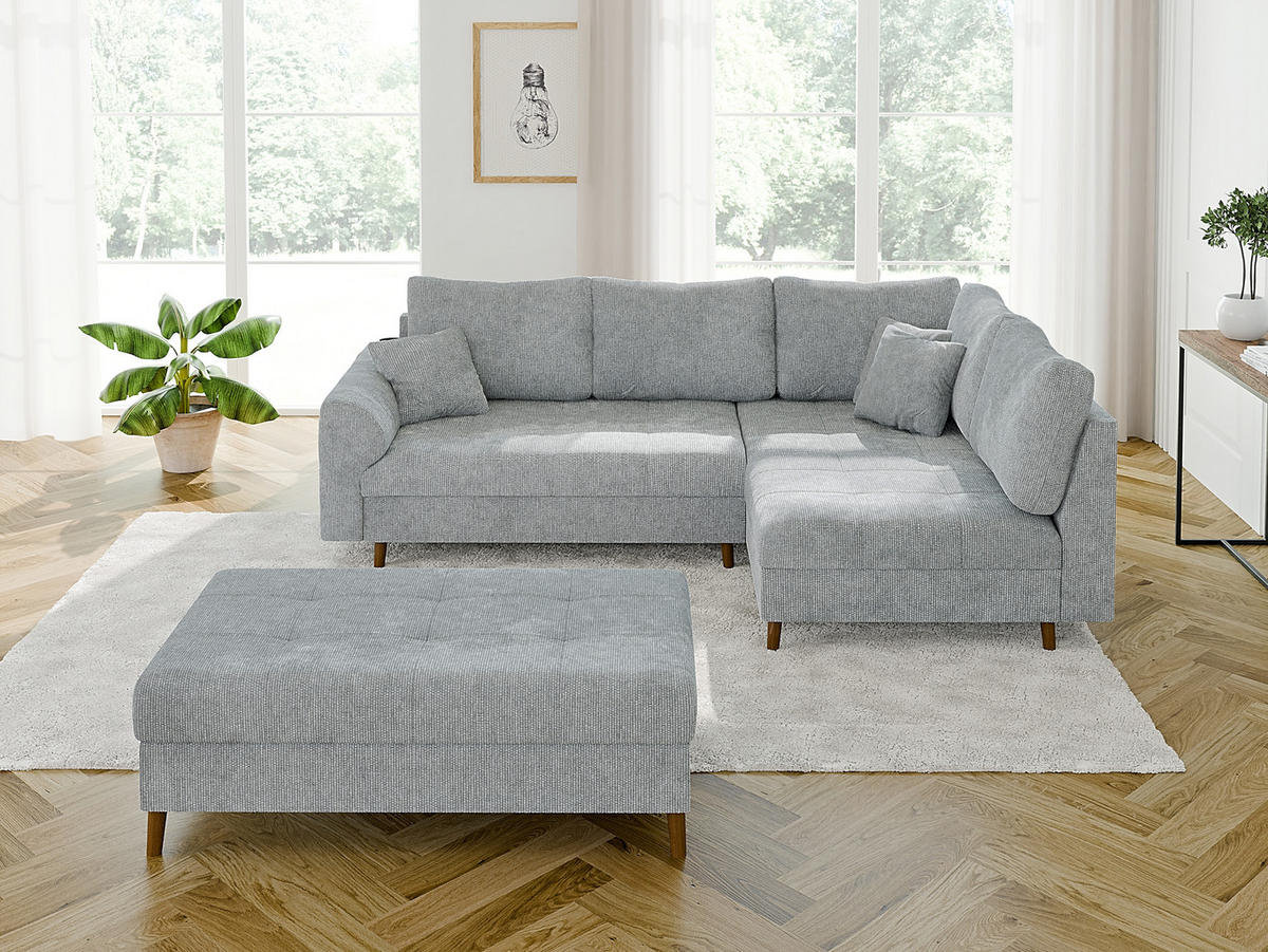 ECKSOFA inkl. Hocker Sigurd Hellgrau Chenille - Ottomane rechts - Hellgrau/Braun, Holz/Textil (231/161cm) - S-Style Möbel