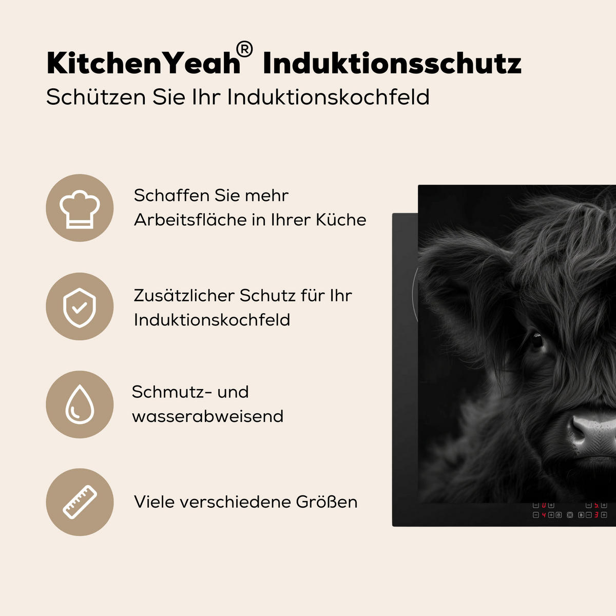 HERDABDECKPLATTE Scottish Highlander - Schwarz - Kalb - Kuh Herdabdeckung Induktionsfeld 60x52 cm - Schwarz, Kunststoff (60/52/0.2cm) - MuchoWow