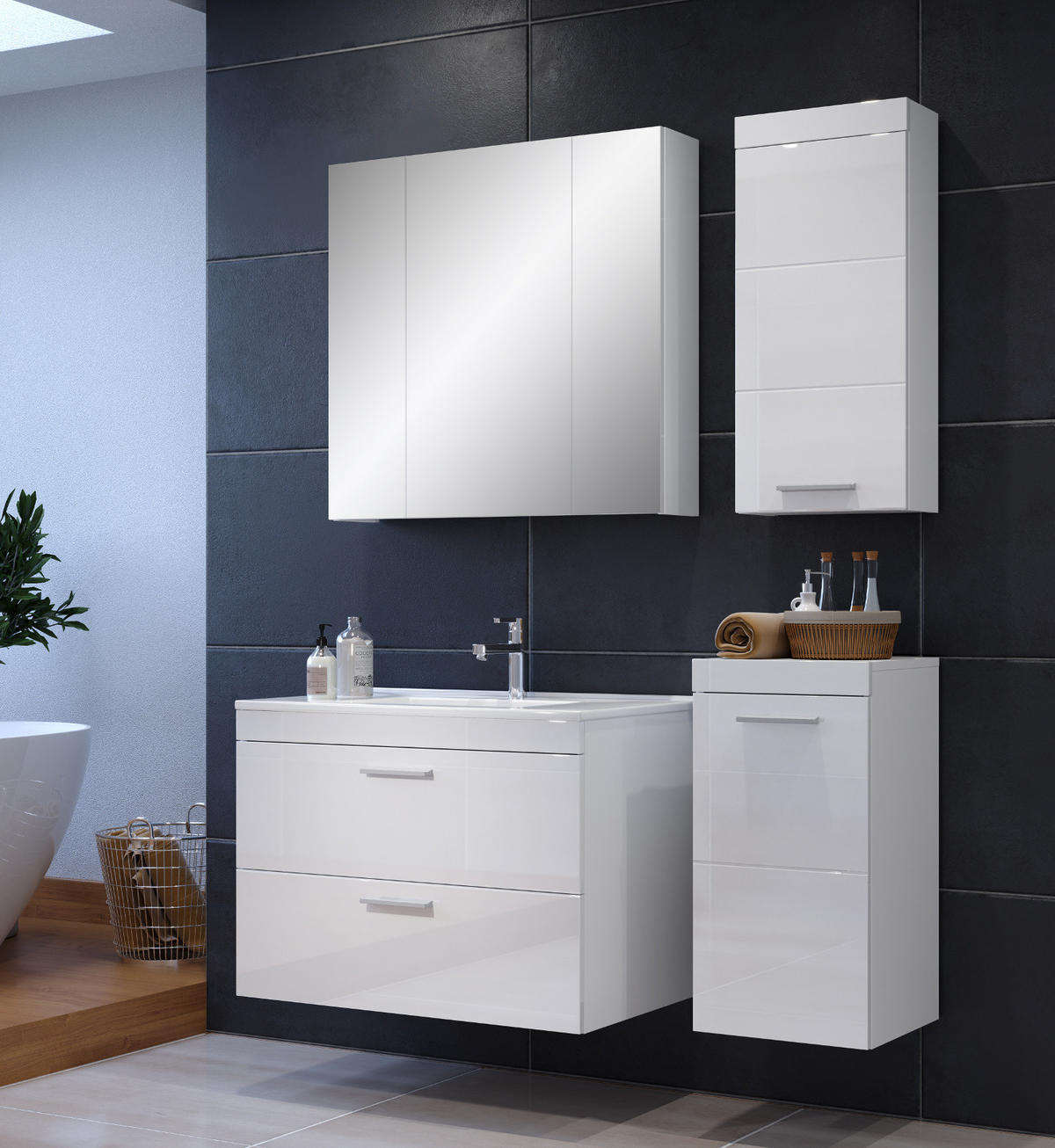 HÄNGESCHRANK weiß Hochglanz 35 x 75 cm, Badschrank hängend - Weiß Hochglanz/Silberfarben, Holzwerkstoff/Kunststoff (16/75/35cm) - Top.Furn