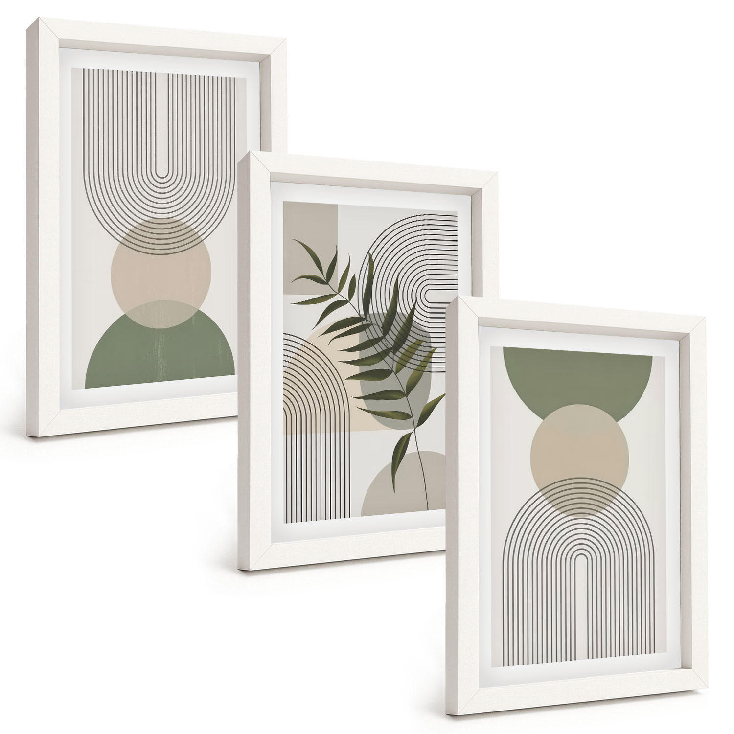 BILDER SET 3er Set - 20x30 cm Weißer Rahmen - Abstrakte Formen mit Grün - Weiß, Kunststoff (20/30cm) - TULUP