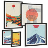 BILDER SET 5er Set - 50x50 cm & 20x30 cm & 40x60 cm Schwarzer Rahmen - Pastellfarbene Berge im Japandi-Stil - Schwarz, Kunststoff (40/60cm) - TULUP
