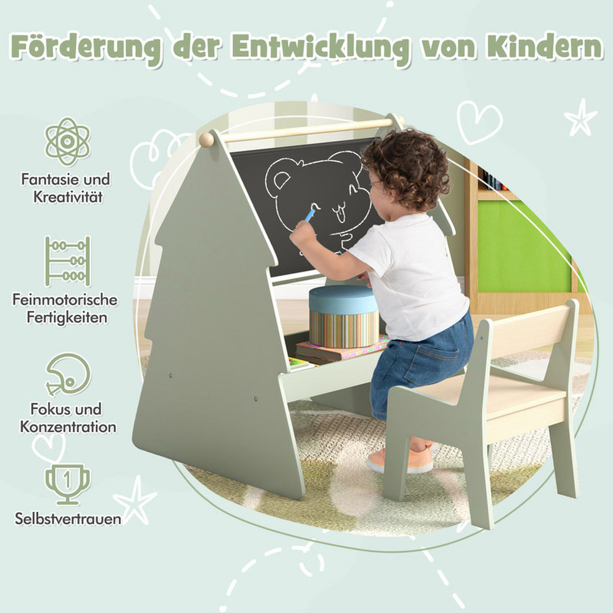 KINDERTISCHSET mit Ablage grün(2-tlg) - Grün, Holzwerkstoff (68/80/60cm) - COSTWAY