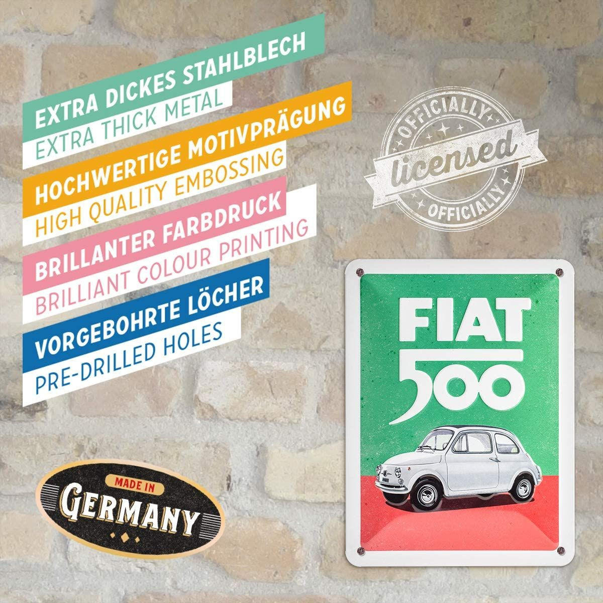 BLECHSCHILD 15/20 cm FIAT Fiat 500 Italian Colors - Multicolor, Metall (15/20/0.5cm) - Nostalgic-Art