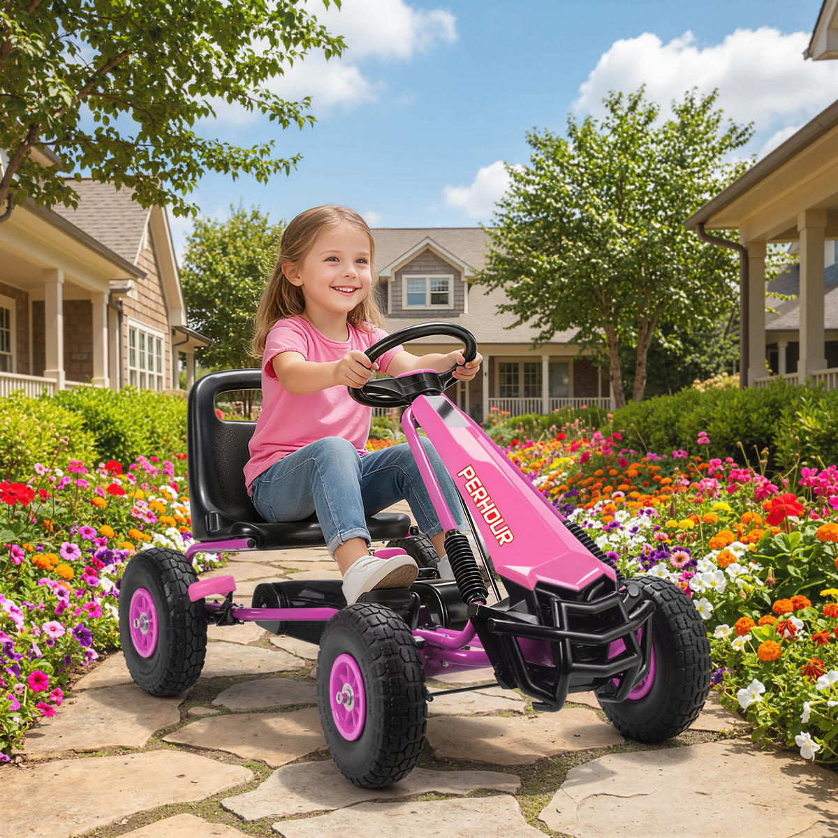 GOKART, Tretauto mit Handbremse, verstellbarem Sitz, Vor- und Rückwärtsgang - Rosa, Metall (110/61/62cm) - AIYAPLAY