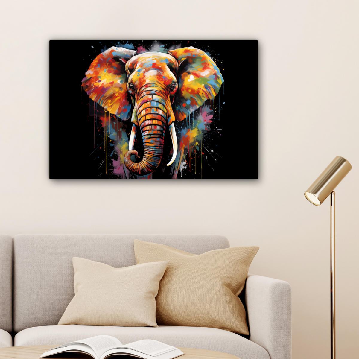 LEINWANDBILD Elefant - Graffiti - Schwarz - Tiere - Farben Gemälde 60x40 cm - Schwarz, Textil (60/40cm) - MuchoWow