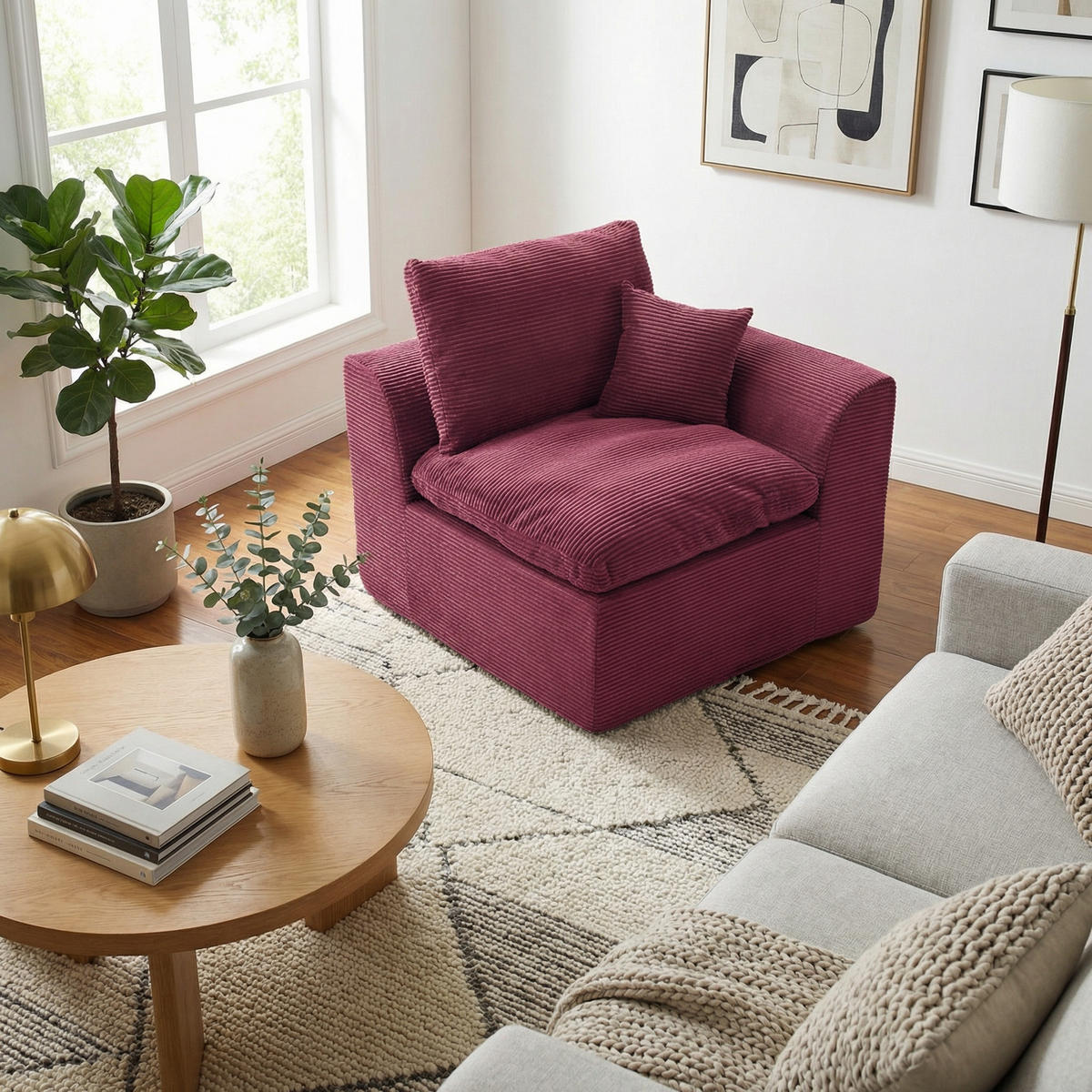 SESSEL Cord-Sofa mit Federkern-Polsterung und Kissen, Montagefrei - Dunkelrot, Textil (101/84/102cm) - Urban Meuble