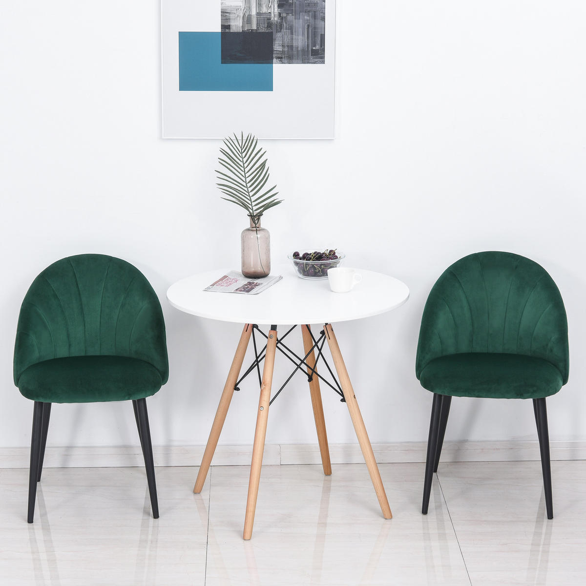 ESSZIMMERSTÜHLE 2er Set Küchenstuhl Bürostuhl mit Rückenlehne Samt Metall Grün - Grün, Textil (52/79/54cm) - HOMCOM