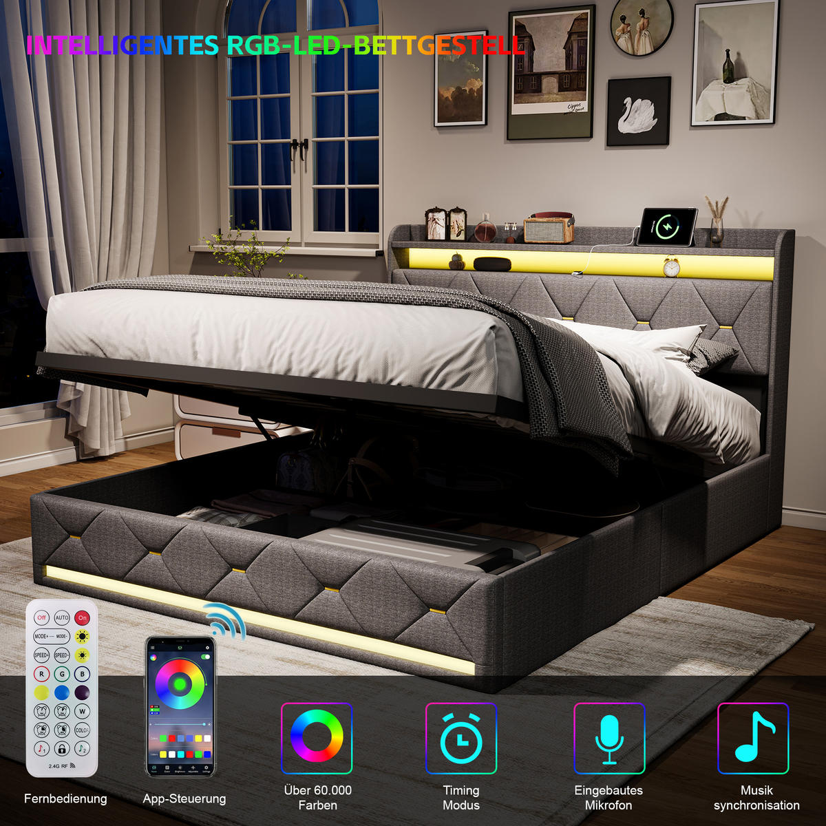 POLSTERBETT 140x200 cm mit LED, Doppelbett 140x200, Wireless Charging, USB Und Type-C, Stauraum, grau Leinenstoff - Grau, Textil/Metall (140/200cm) - GENKI LIVING