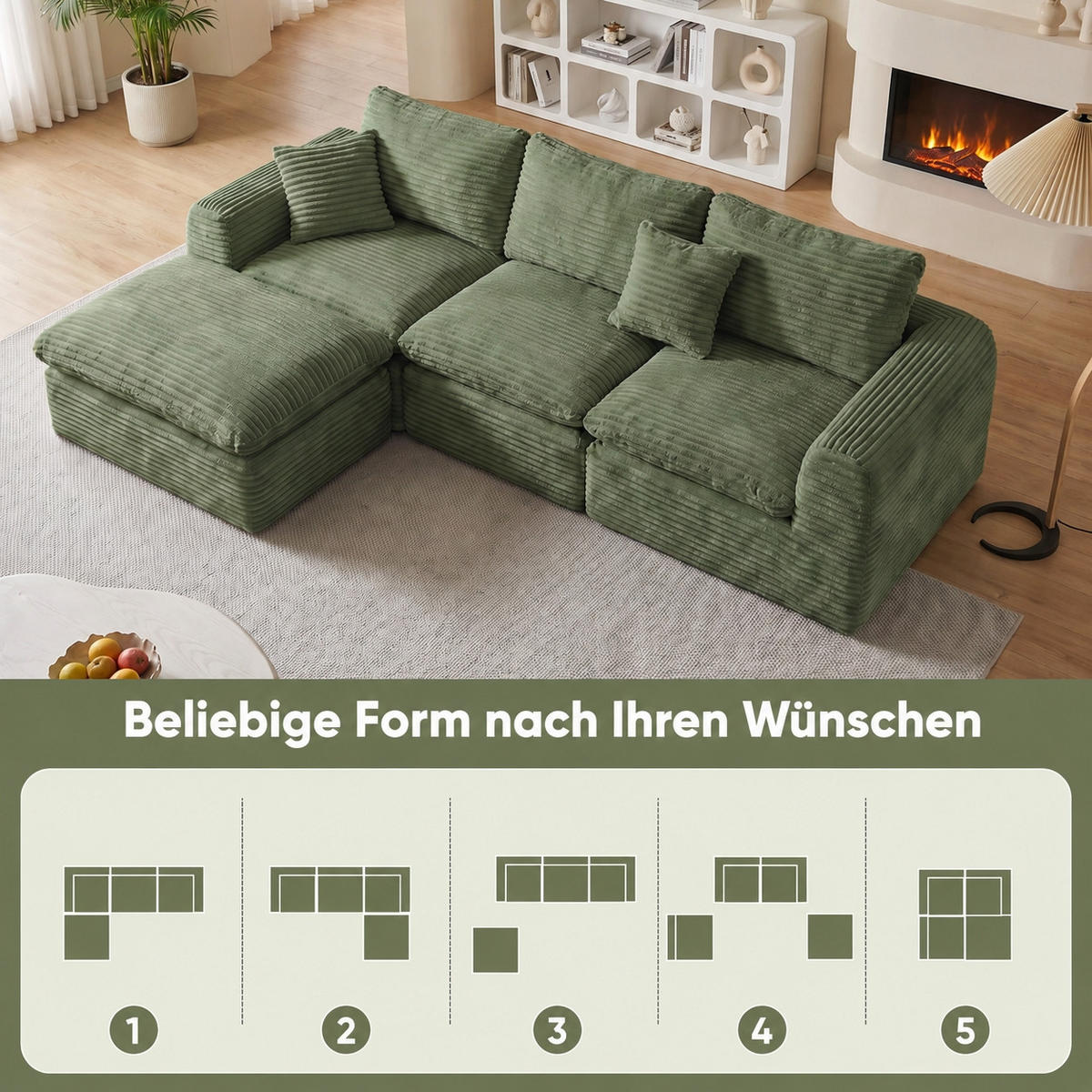 ECKSOFA 280/180/65 cm Grün Cord mit 1 Fußhocker - Grün, Textil (180/280cm) - Oxeza
