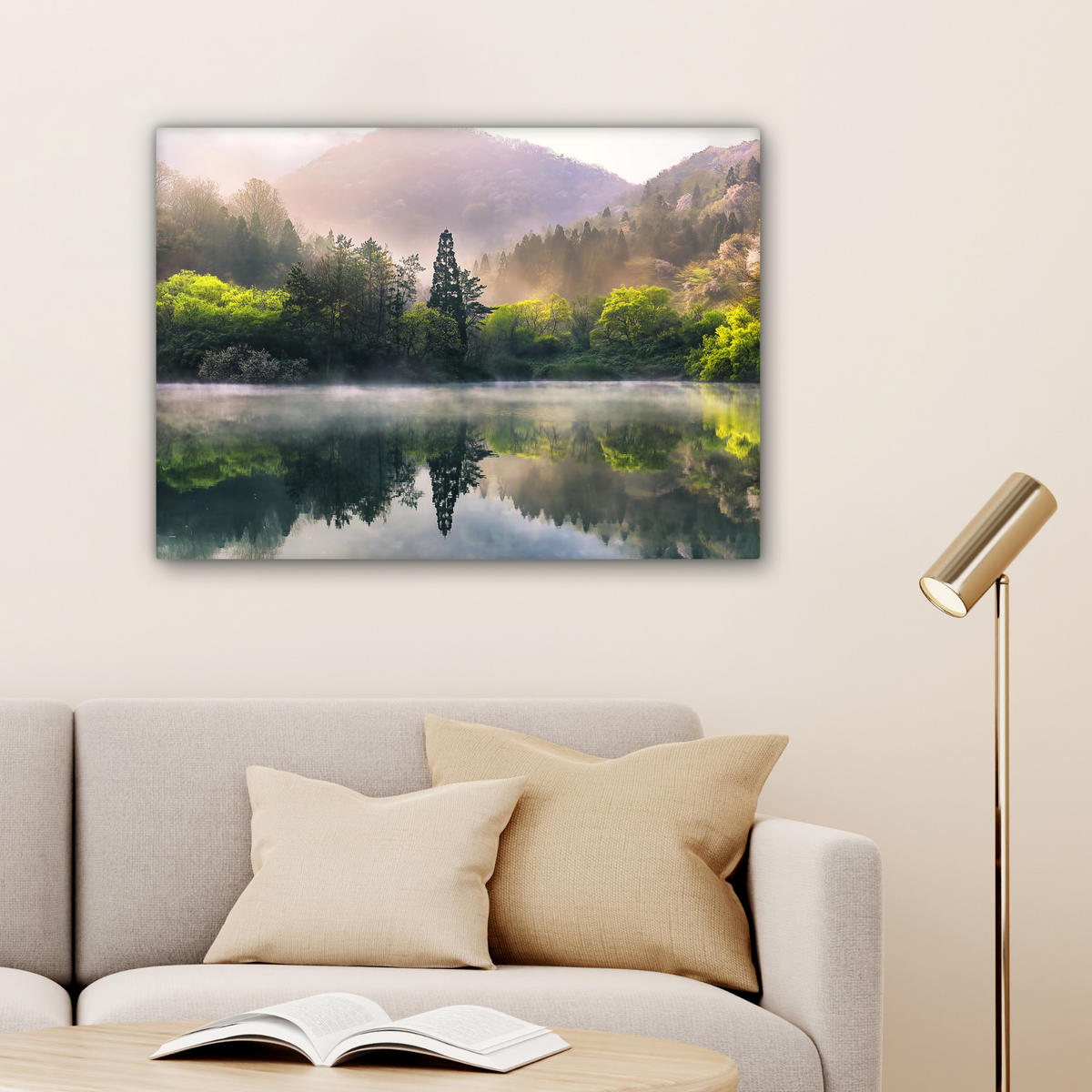 LEINWANDBILD Natur - Bäume - Berge - See - Wasser Wandbilder 80x60 cm - Hellgrün, Textil (80/60cm) - MuchoWow