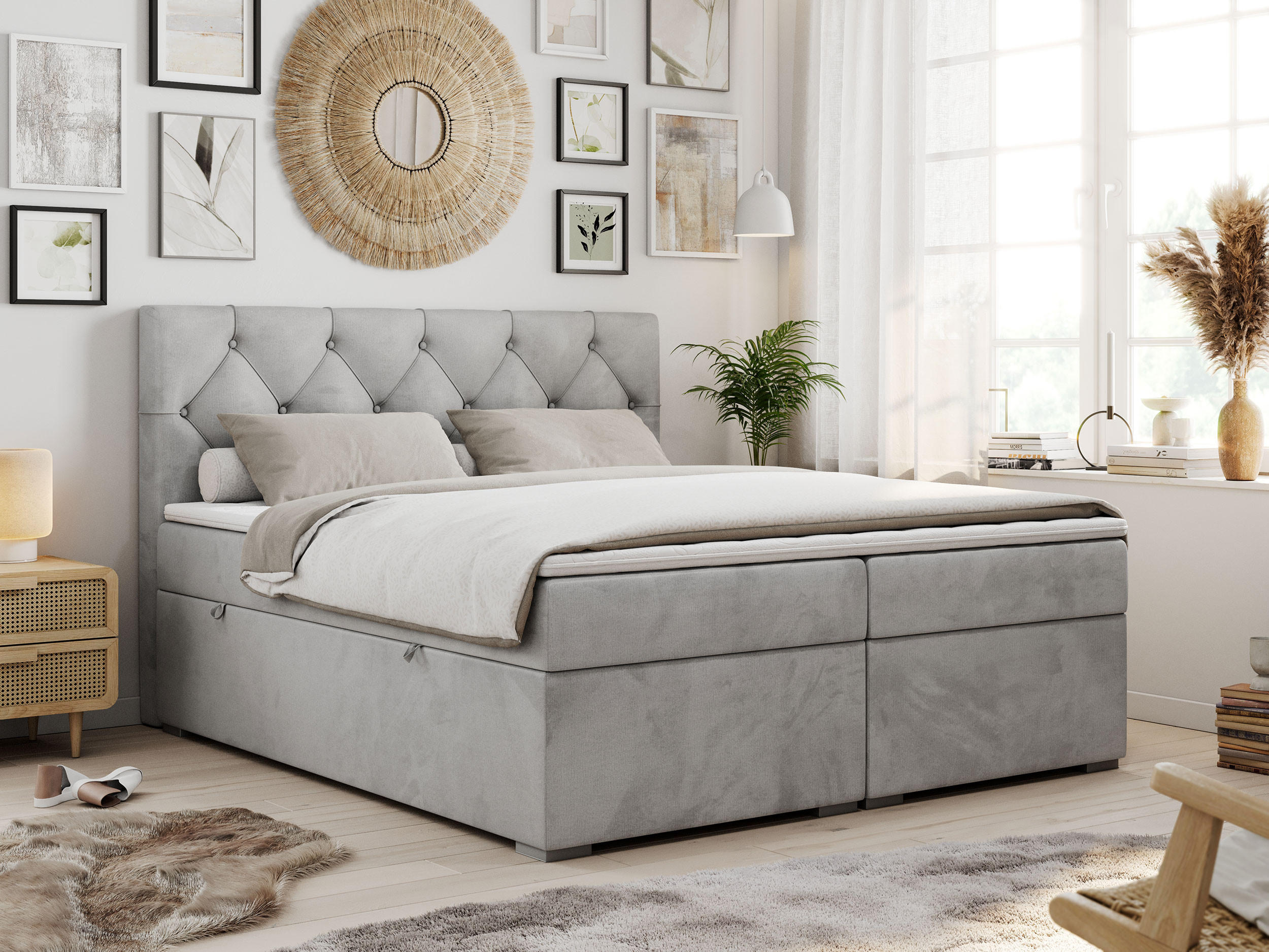 BOXBETT ALDA 200/200 Hellgrau Velvet - H3 - Hellgrau, Holz/Textil (200/200cm) - MKS