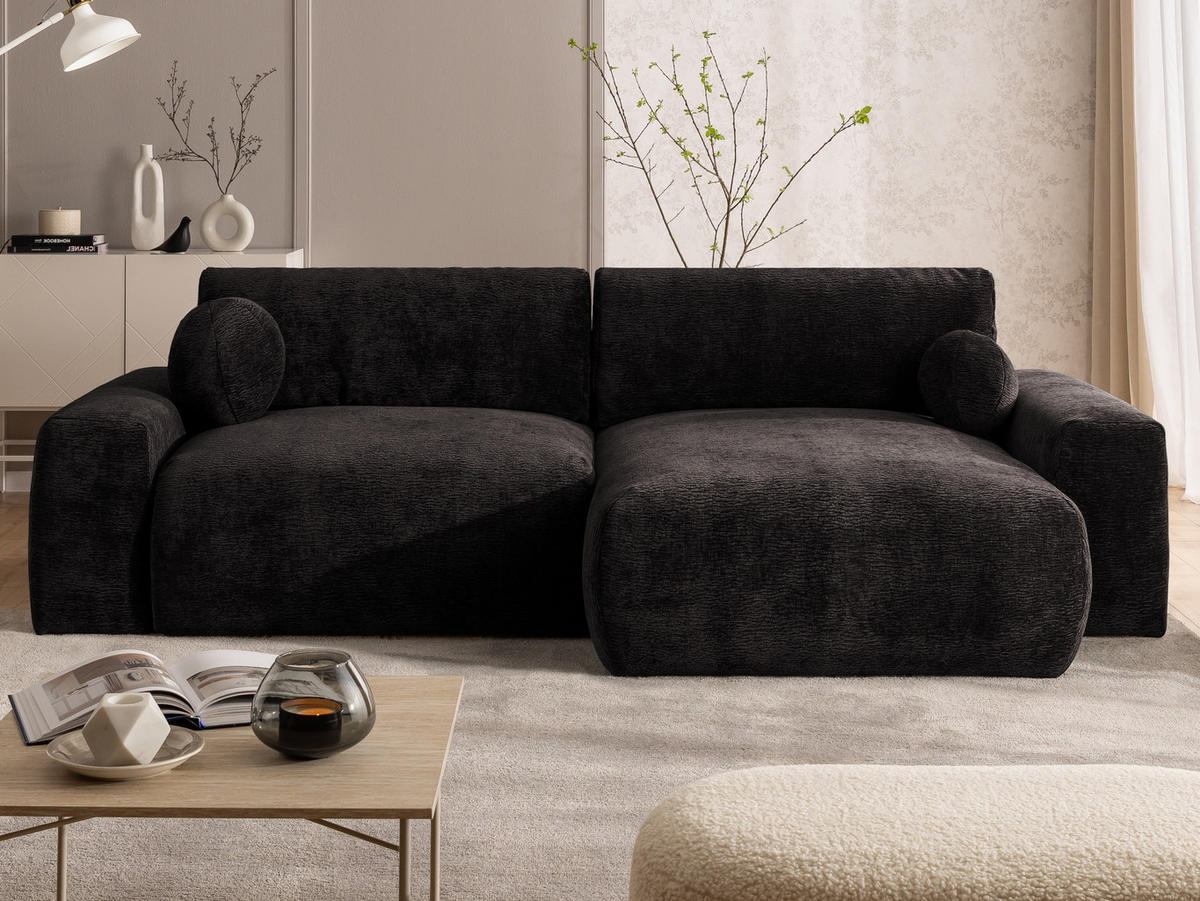 ECKSOFA Puffy mit Schlaffunktion und Bettkasten - besonders weich und puffig aus Braun Stoff mit Chenillestruktur - Ottomane rechts - Schwarz/Braun, Holz/Kunststoff (266/138cm) - S-Style Möbel