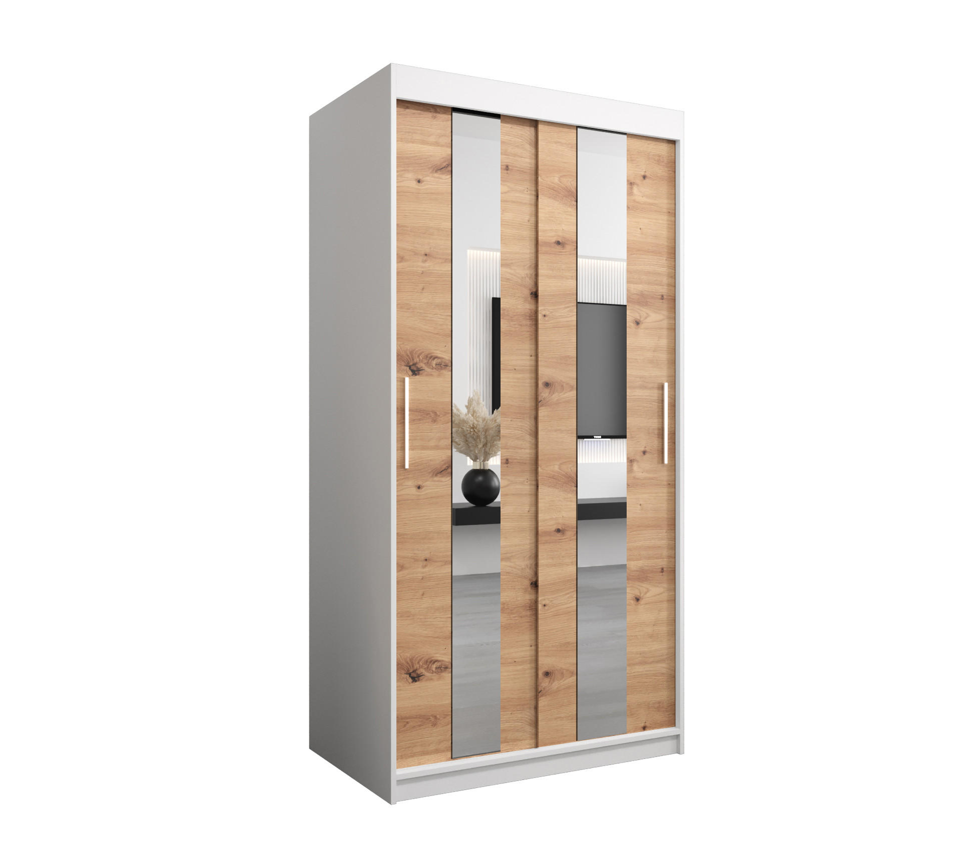 Abiks Möbel Schwebetürenschrank Weiß, Eiche Artisan 100x200x62 cm